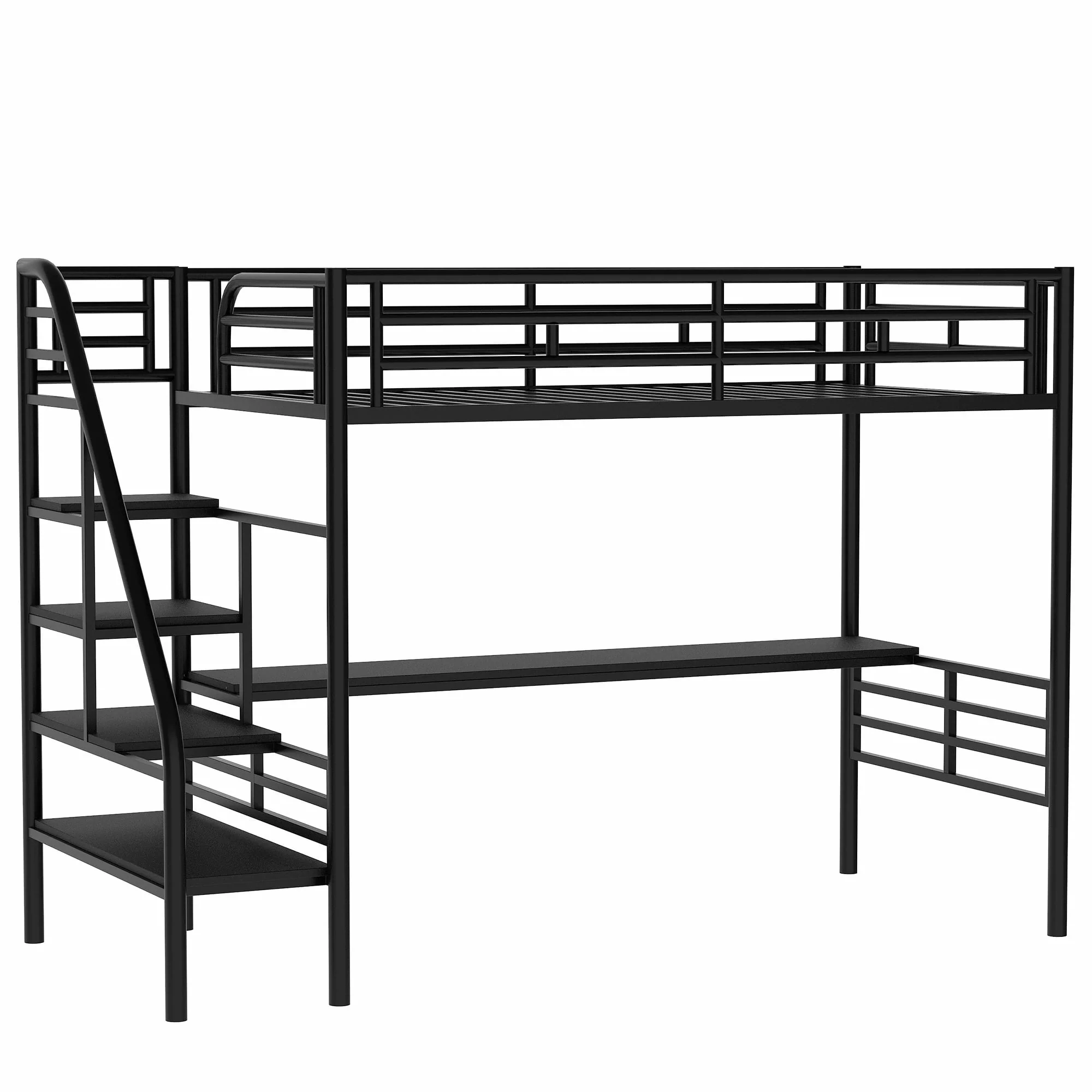 Euroco Metal Twin Size Loft Bed with Desk & Stairways for Child, Black