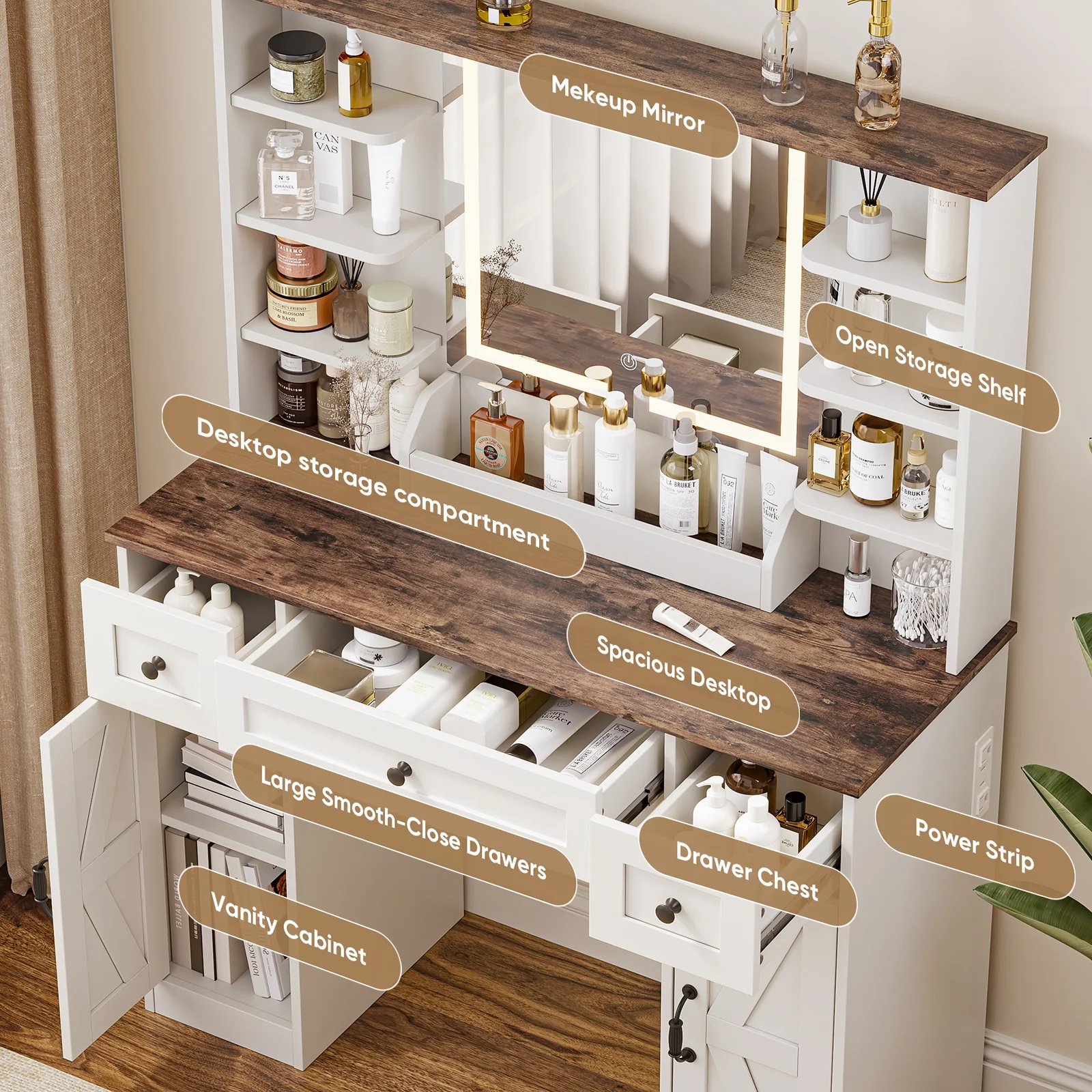 Vanity Desk with Chair, White Makeup Desk Set with Mirror & LED Lights, Vanity Table with Power Strip, 2 Drawers, 4 Shelves