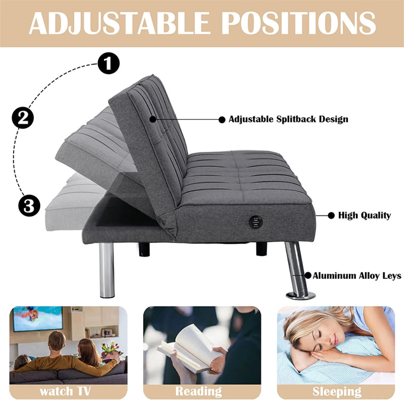 Bonzy Home Futon Versatile Sofa Bed with Cup Holders USB Port Foldable 2-Seater Guest Bed for Living Room Gray
