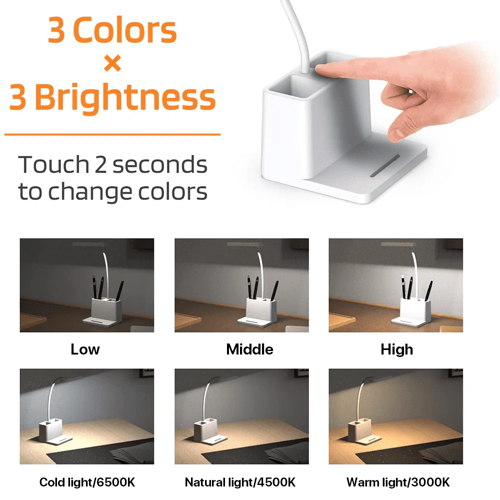 SUPTREE Led Desk Lamp with Pen and Phone Hold for an Office in Home - 3 Modes Dimable LED Table Lamp with USB Port