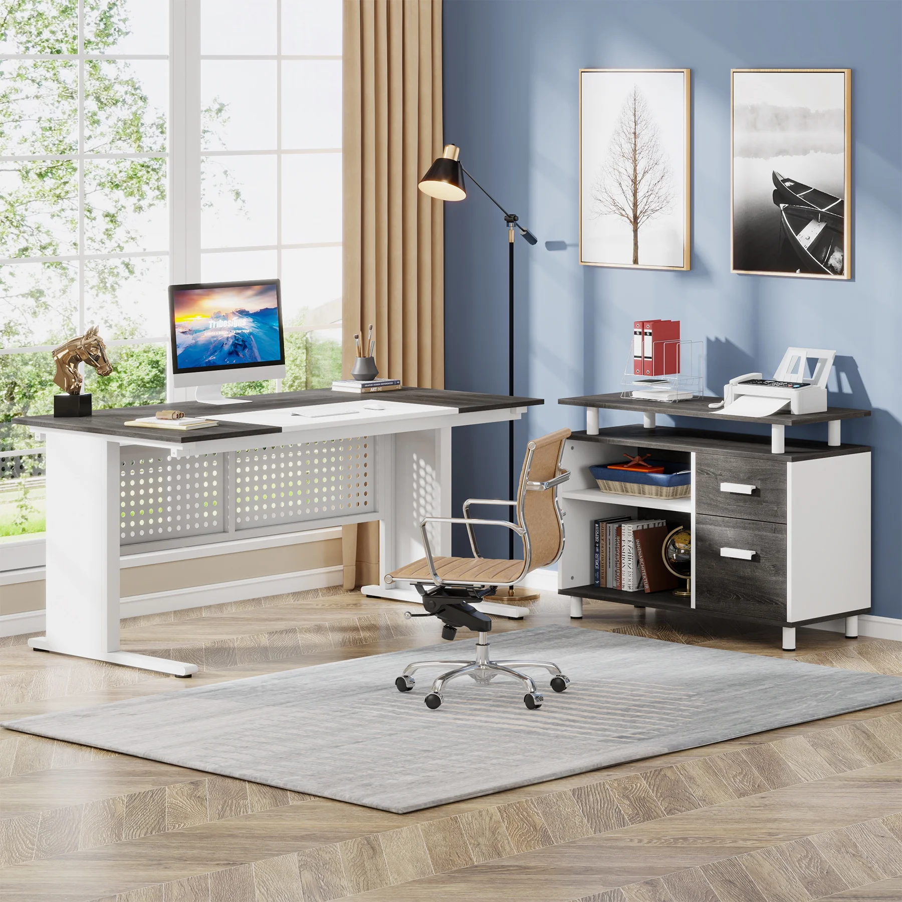 Tribesigns 63 Inch Executive Desk with File Cabinet, Large Office Desk L Shaped Computer Desk with Drawers and Storage Shelves, Business Furniture Desk Workstation for Home Office, Brown and Black