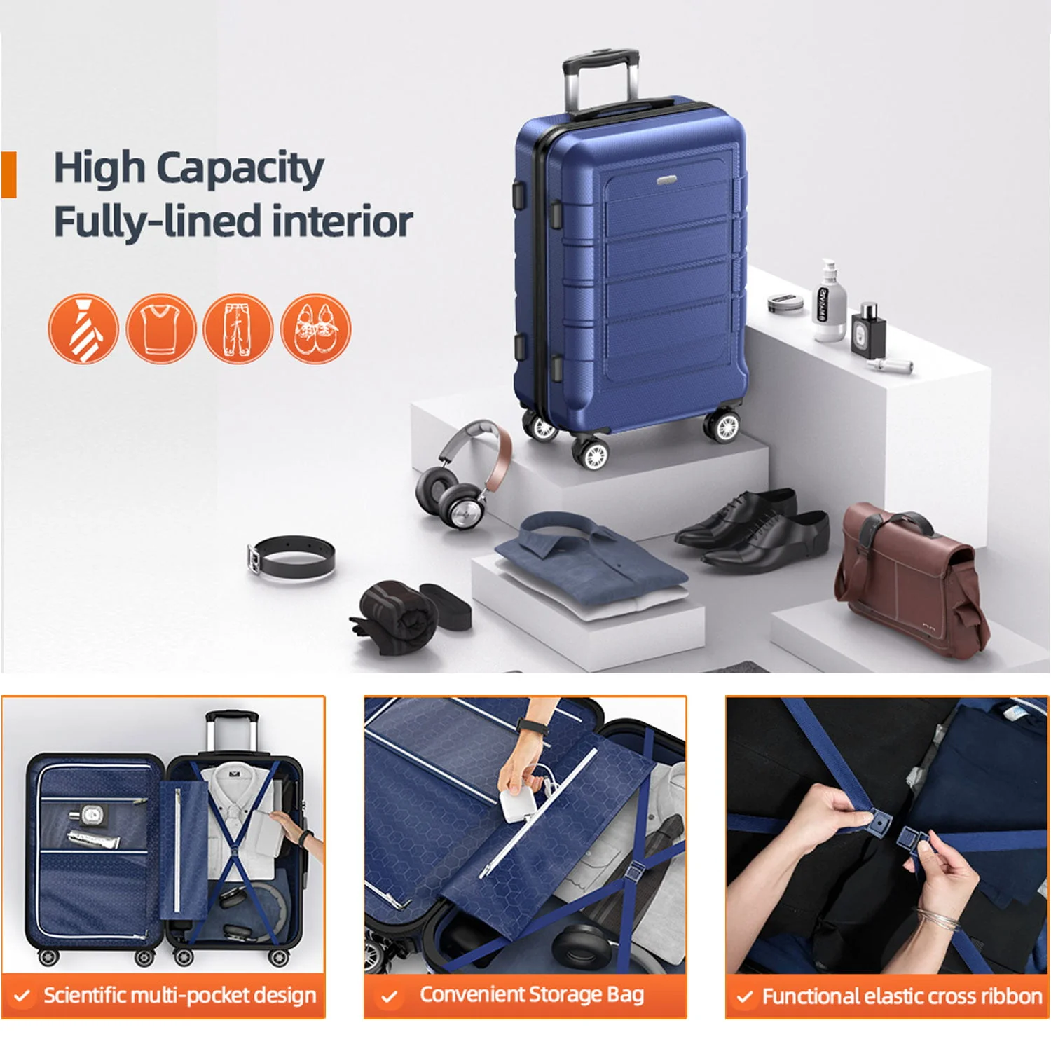 SHOWKOO 3 Piece Luggage Set Expandable ABS Hard Shell luggage Set Double Spinner Wheels Suitcase