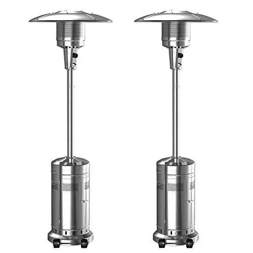 2-Unit Stainless Steel Floor-Standing Patio Heater Set – 48.000 BTU Umbrella Style with Wheels (Silver)