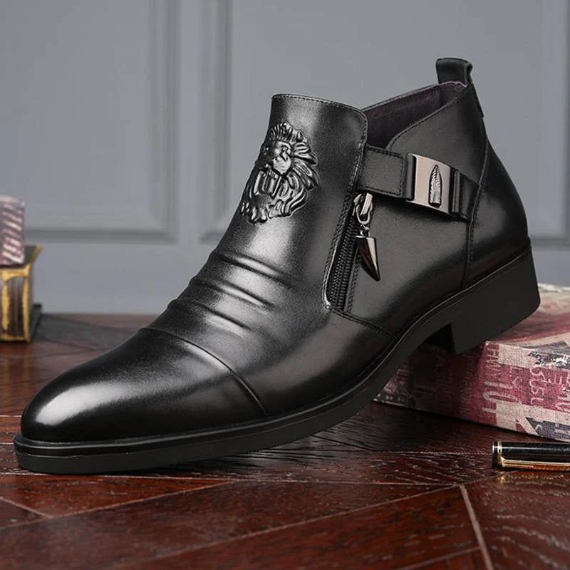 Leather Ankle Boots with Double Side Zipper and Pointed Toes for Men