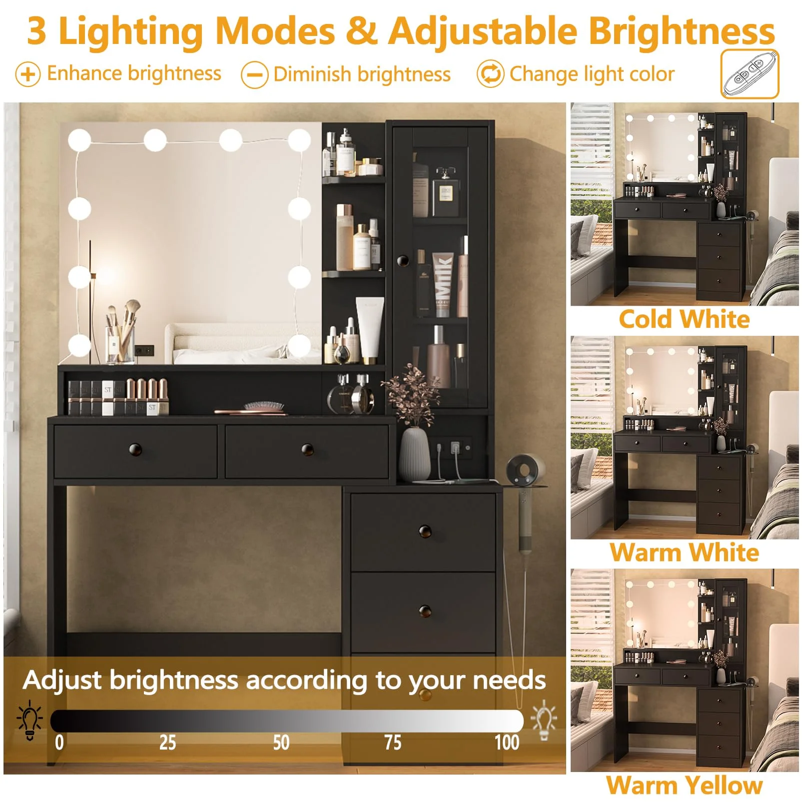 VEANERWOOD Makeup Vanity Desk with Lighted Mirror and Power Strip, Modern Vanity Table with 5 Drawers, White