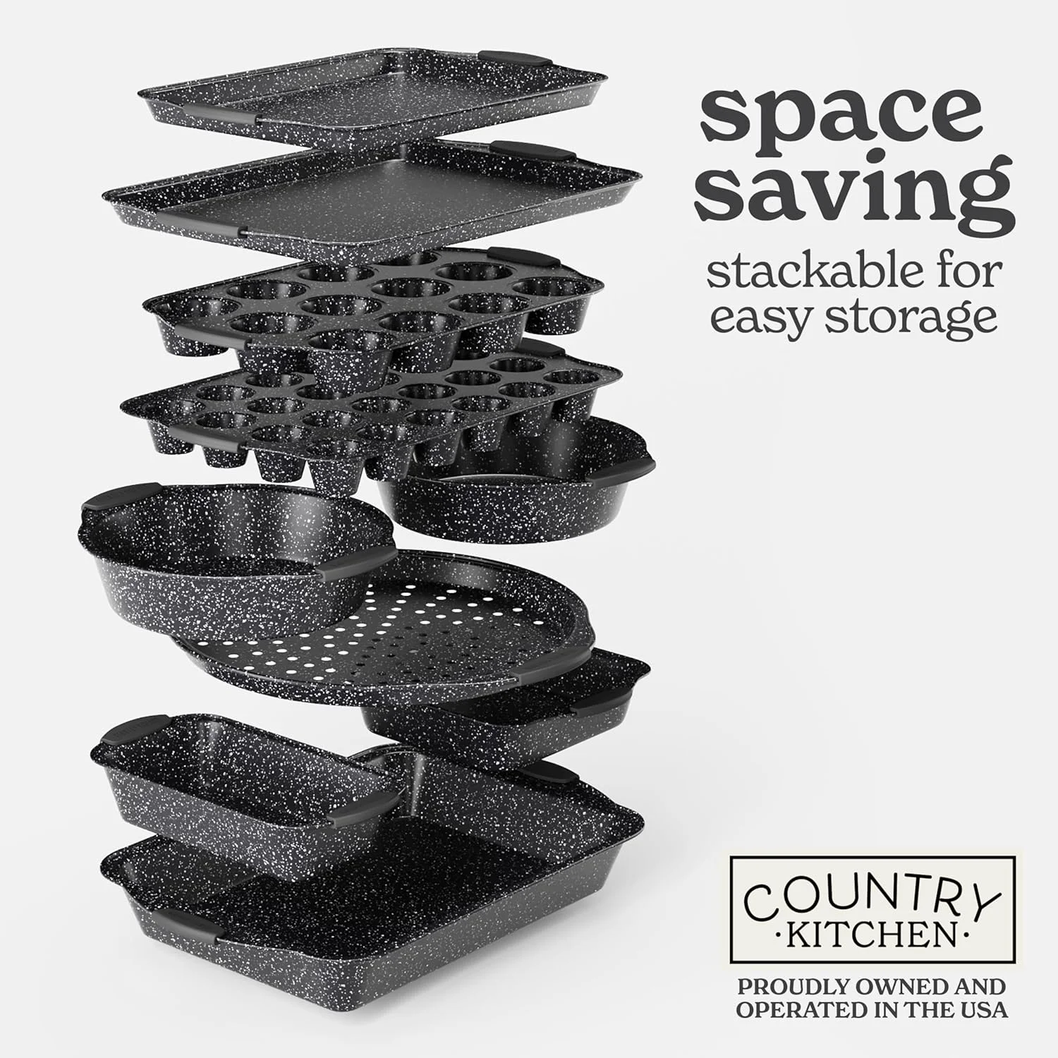 Country Kitchen 10-Piece Nonstick Bakeware Set - Stackable Pots and Pans, Black