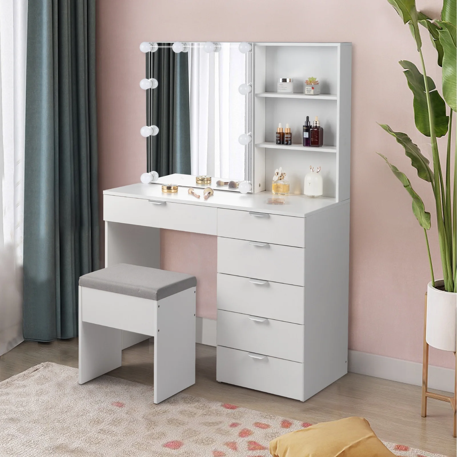 Ktaxon Vanity Set with 3 Color Lighted Mirror, Makeup Table with 6 Drawers, Dressing Table Makeup Desk with Stool,White