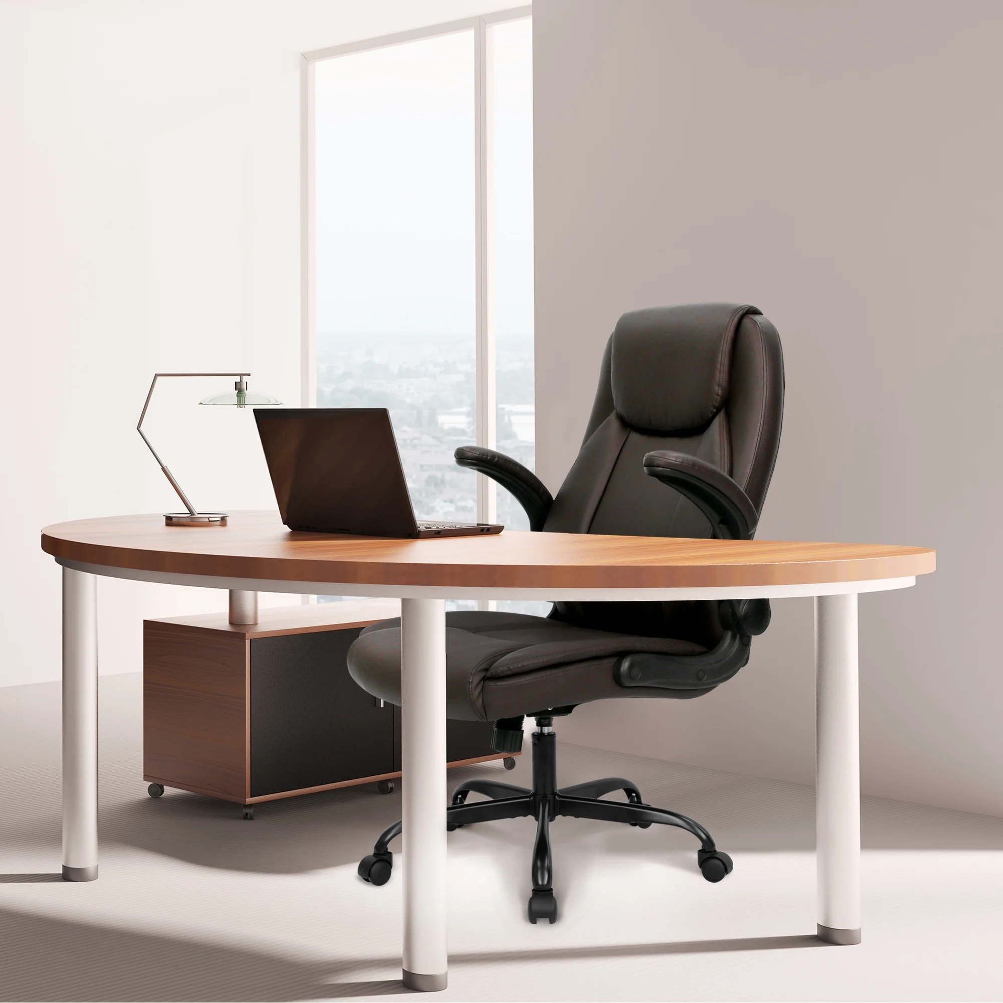NEO CHAIR Executive Office Chair, Ergonomic High back Cushioned, Wide Leather Seat 8 Hours Heavy Duty Design, Flip Up Armrest Computer Desk Chair, Black