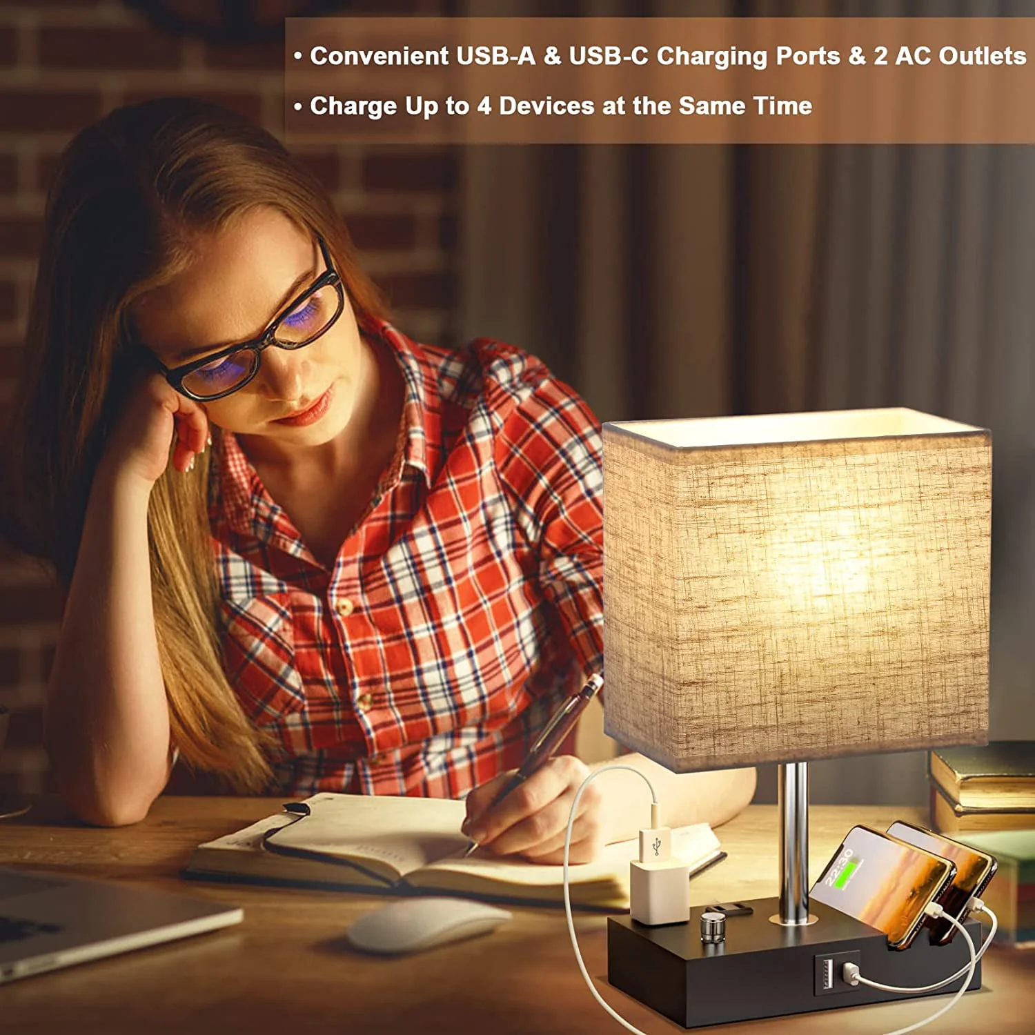Bedside Table Lamp for Bedroom with Dual Fast USB Charging Ports, Fully Dimmable Nightstand Lamps with 2 Phone Stands and 2 Charging Outlets, Desk lamp with Fabric Shade for Living Room