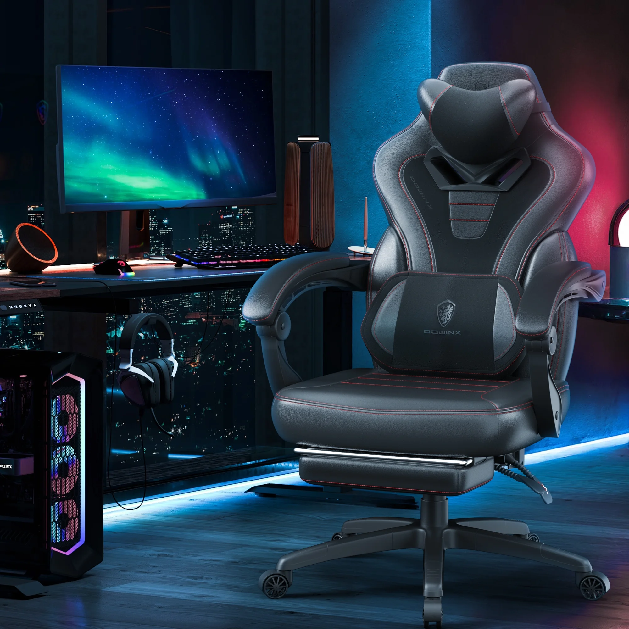 Dowinx Big and Tall Gaming Chair with Footrest & Massage - Heavy Duty Ergonomic Computer Chair for Adults, Black