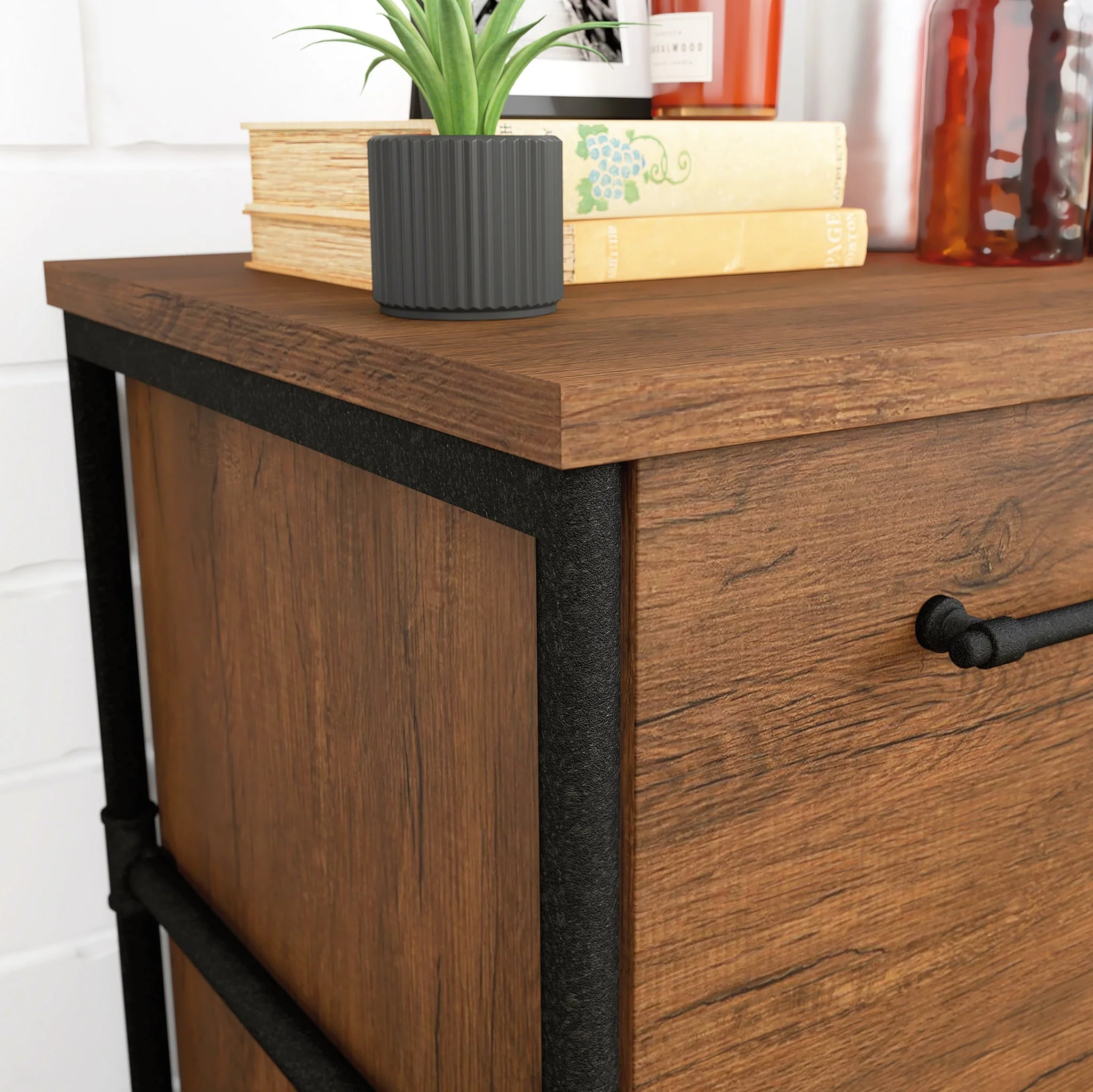 Sauder Iron City Industrial Interlocking 2 Drawer Lateral File Cabinet, Checked Oak Finish
