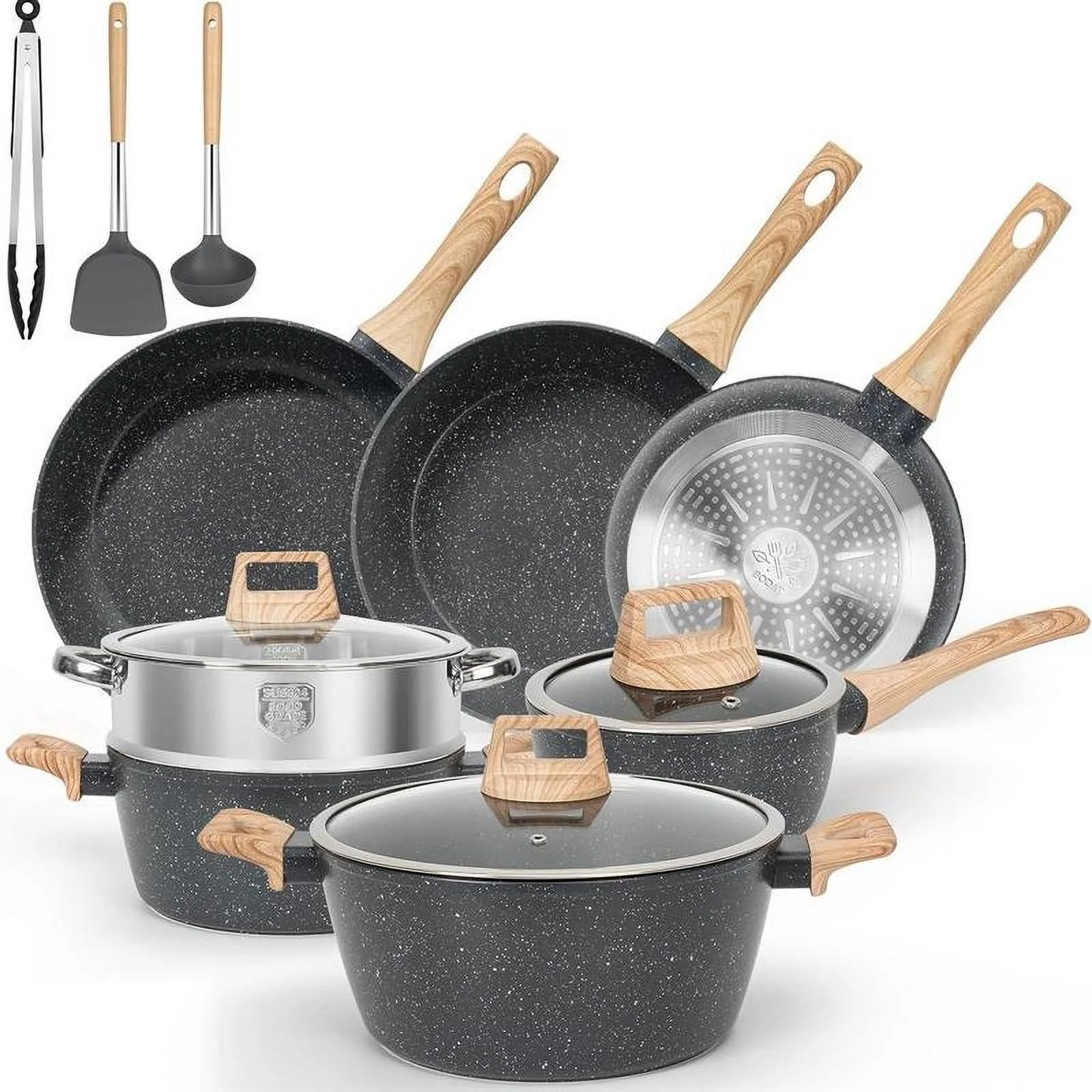 12pcs Pots and Pans Set Non Stick Kitchen Cookware Sets Induction Cookware Nonstick Granite Cooking Set with Frying Pans, Saucepans, Steamer