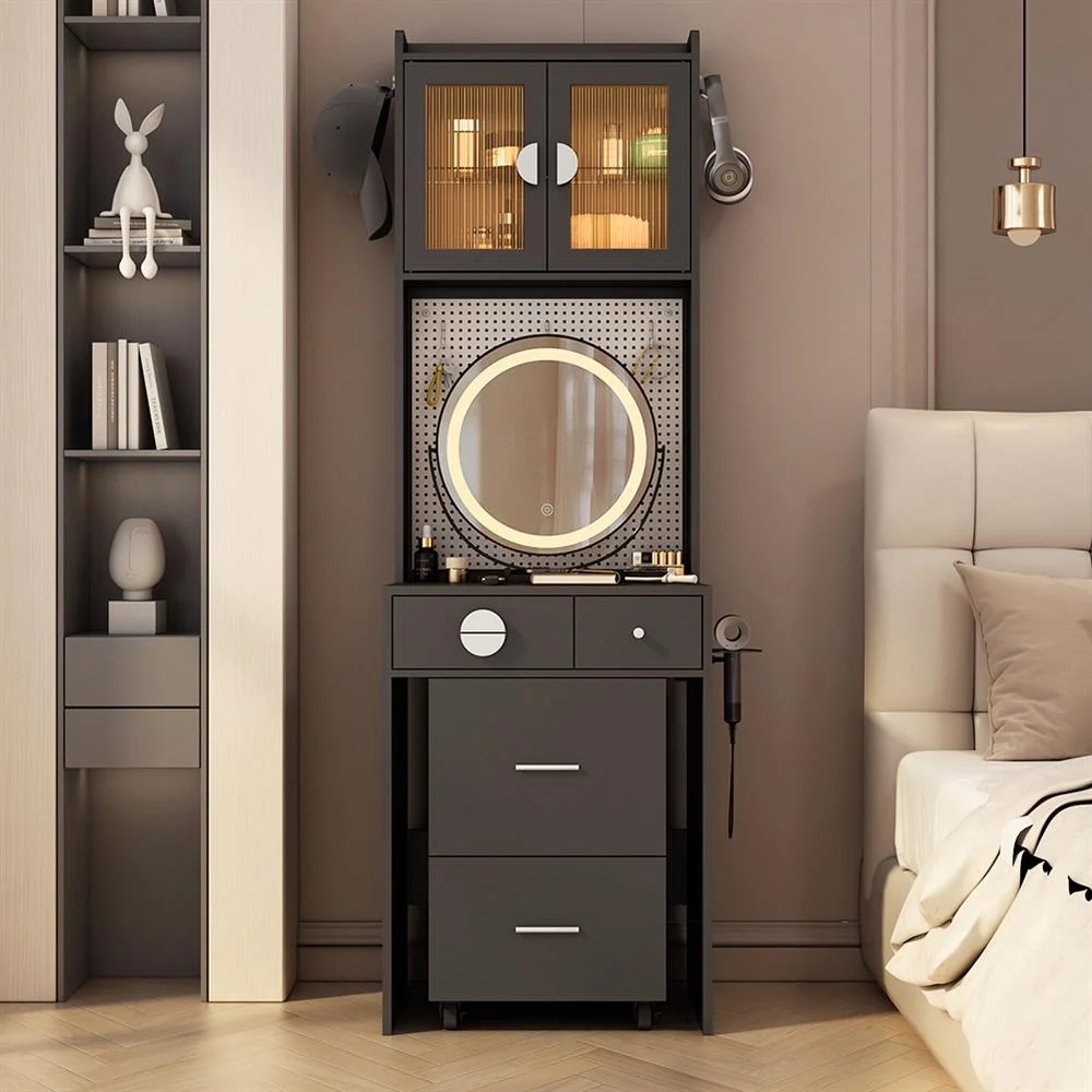 EDOEMSE Table & Chair Vanity Set, Vanity Set,Small Vanity Desk with Mirror and LED Lights, Makeup Table with Charging Station and drawers,Gray