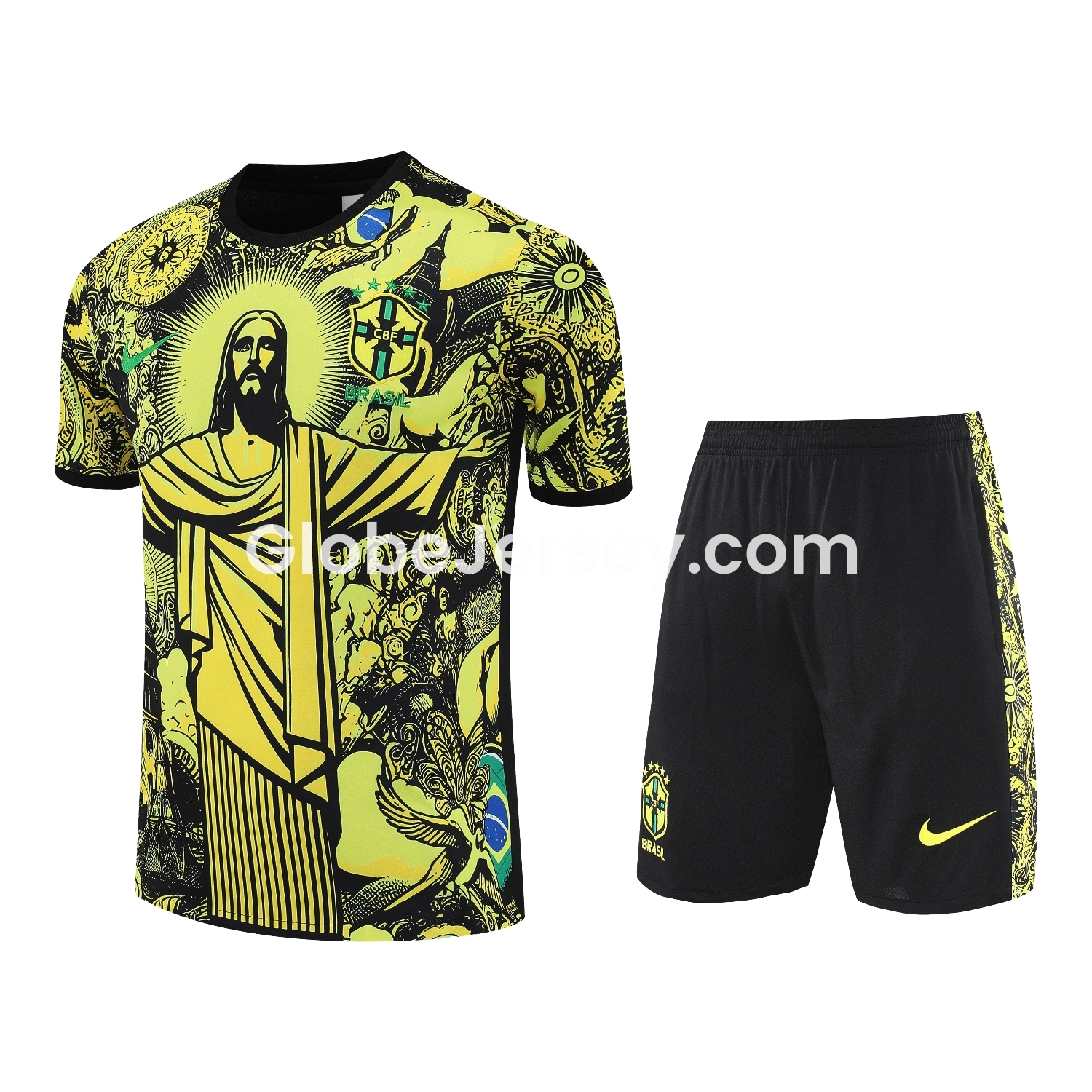 Brazil 25-26 Yellow Jesus Statue Short-Sleeve Training Set - Yellow Top & Black Shorts
