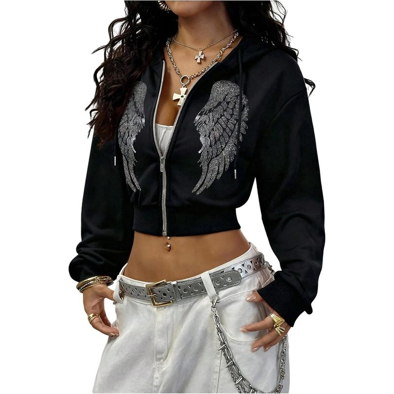 Women's Rhinestone Goth Fairy Crop Hoodie Jacket