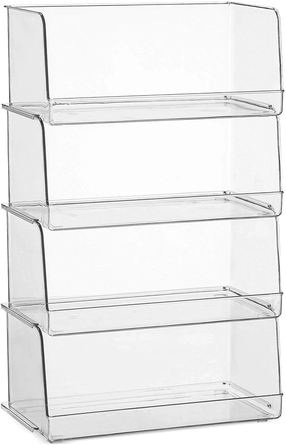 Set Of 4 Clear Pantry Organizer Bins Stackable Household Plastic Food Storage Basket with Wide Open Front for Kitchen, Countertops, Cabinets, Refrigerator, Freezer, Bedrooms, Bathrooms - 12