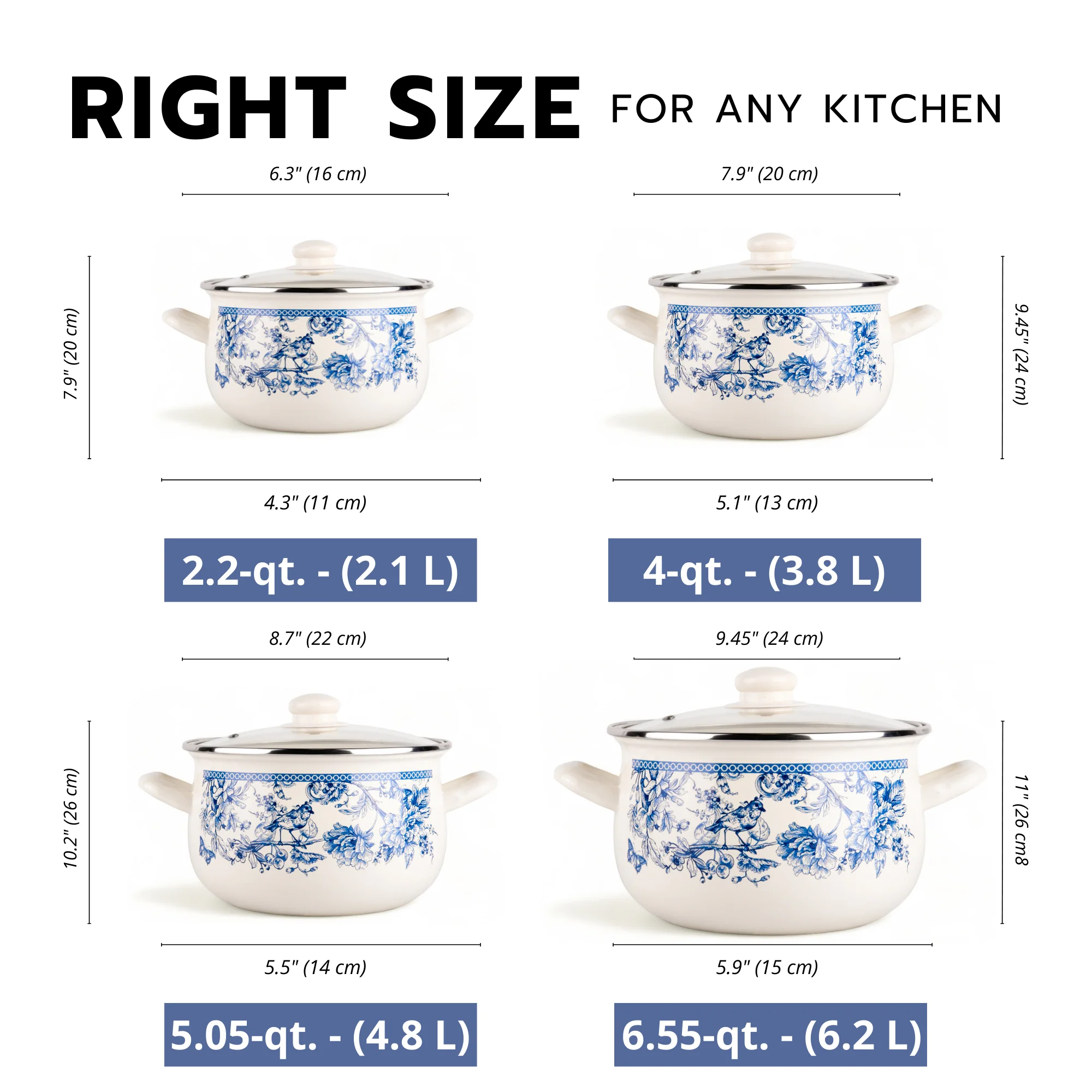 STPgoods Enameled Aluminum Belly Deep Stock Pot with Lid Set of 2 Vegetable Garden Cooking Pot Set 2.2 Qt 4 Qt 5.05 Qt and 6.55 Qt Enamel Soup Pots