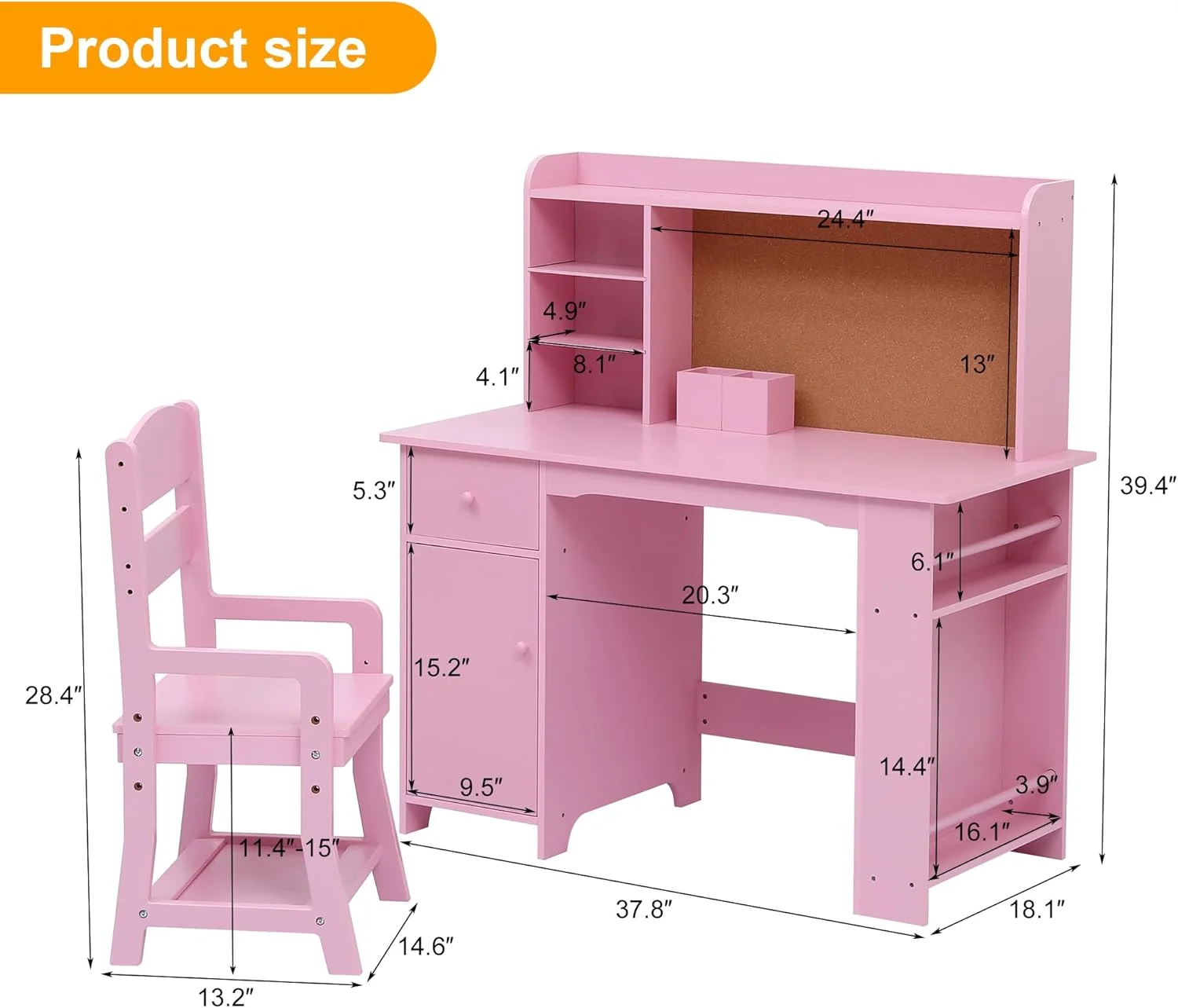 Kids Desk and Chair Set,  Study Table with Storage Shelf, Bulletin Board, Children School Learning Desk Set, Writing Table for Boys and Girls, Pink