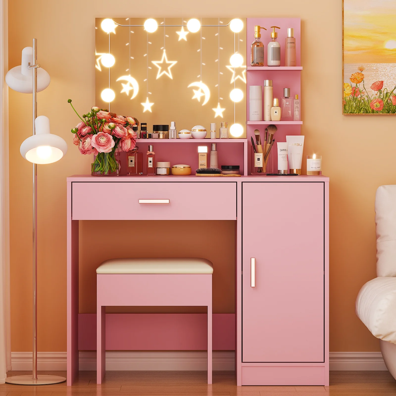 Ktaxon Vanity Set with 3 Color Lighted Mirror, Makeup Table with 3 Storage Shelves & Drawers, Dressing Table Makeup Desk with Stool,White