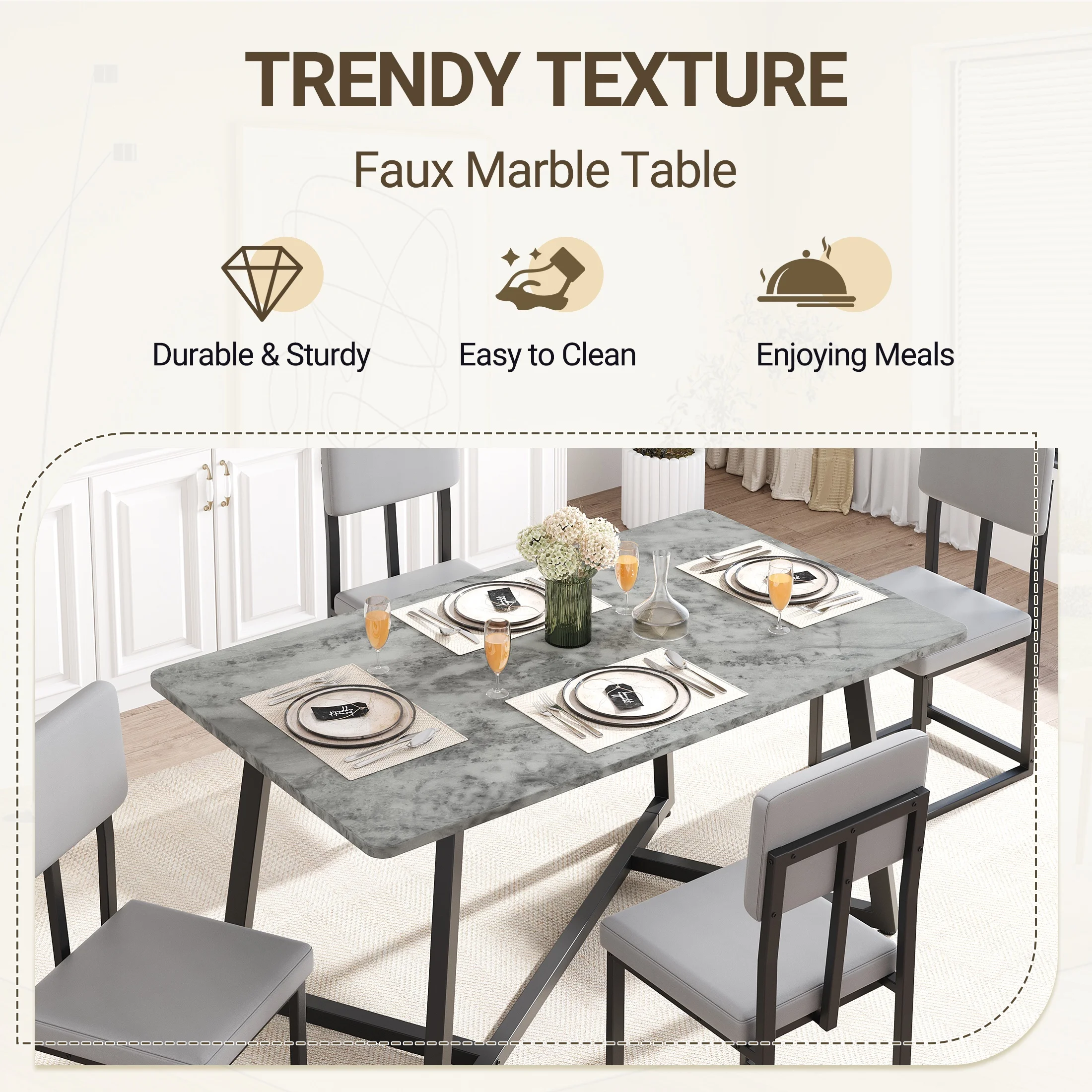 PORKISS Dining Table Set for 4, Kitchen Table Set with Chair for 4 with Faux Marble Table and 4 PU Leather Upholstered Chairs, Dining Room Set for Kitchen Dining Room Small Space, Gray + Black