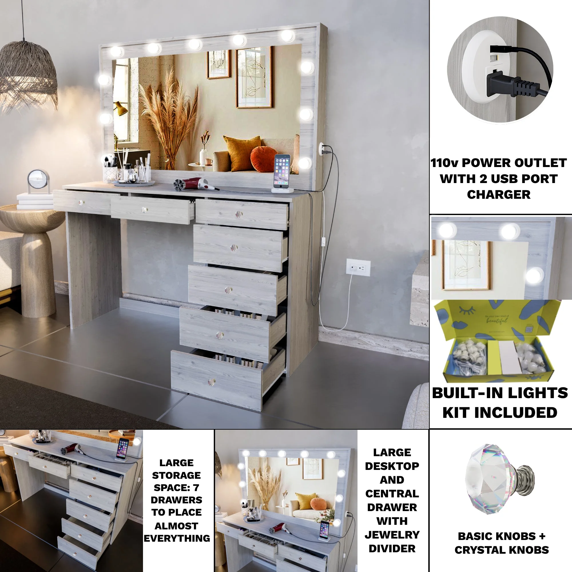 Ember Interiors Peggy Vanity Desk with Lighted Mirror and USB Ports