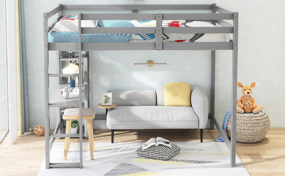 Euroco Full Size Loft Bed with Built-in Desk and Shelves, Gray