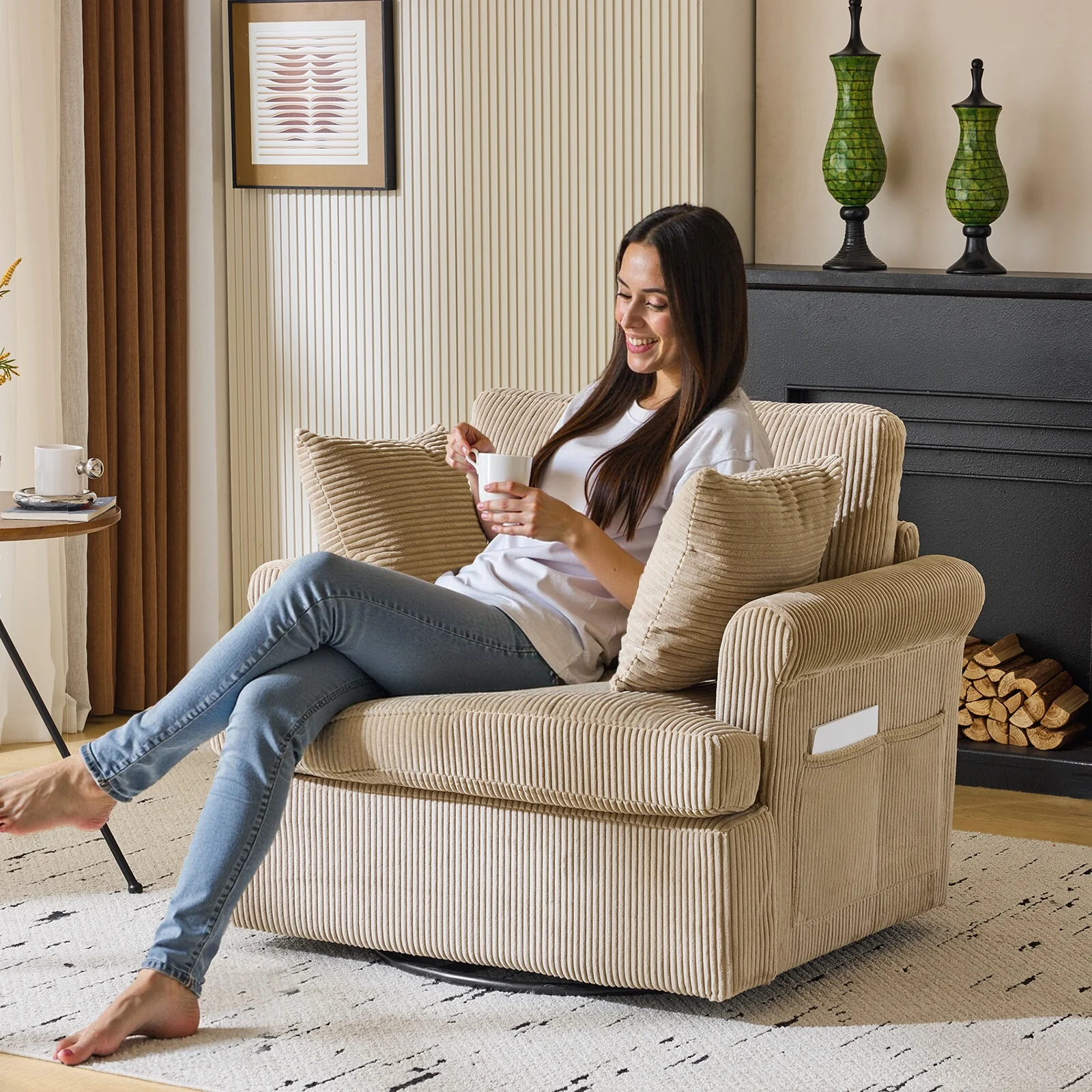 Ktaxon Swivel Accent Chair, 360-Degree Rotation Reading Chair, Corduroy Fabric Sofa with Armrest Pockets, Solid Metal Base, Perfect for Living Room Bedroom Black