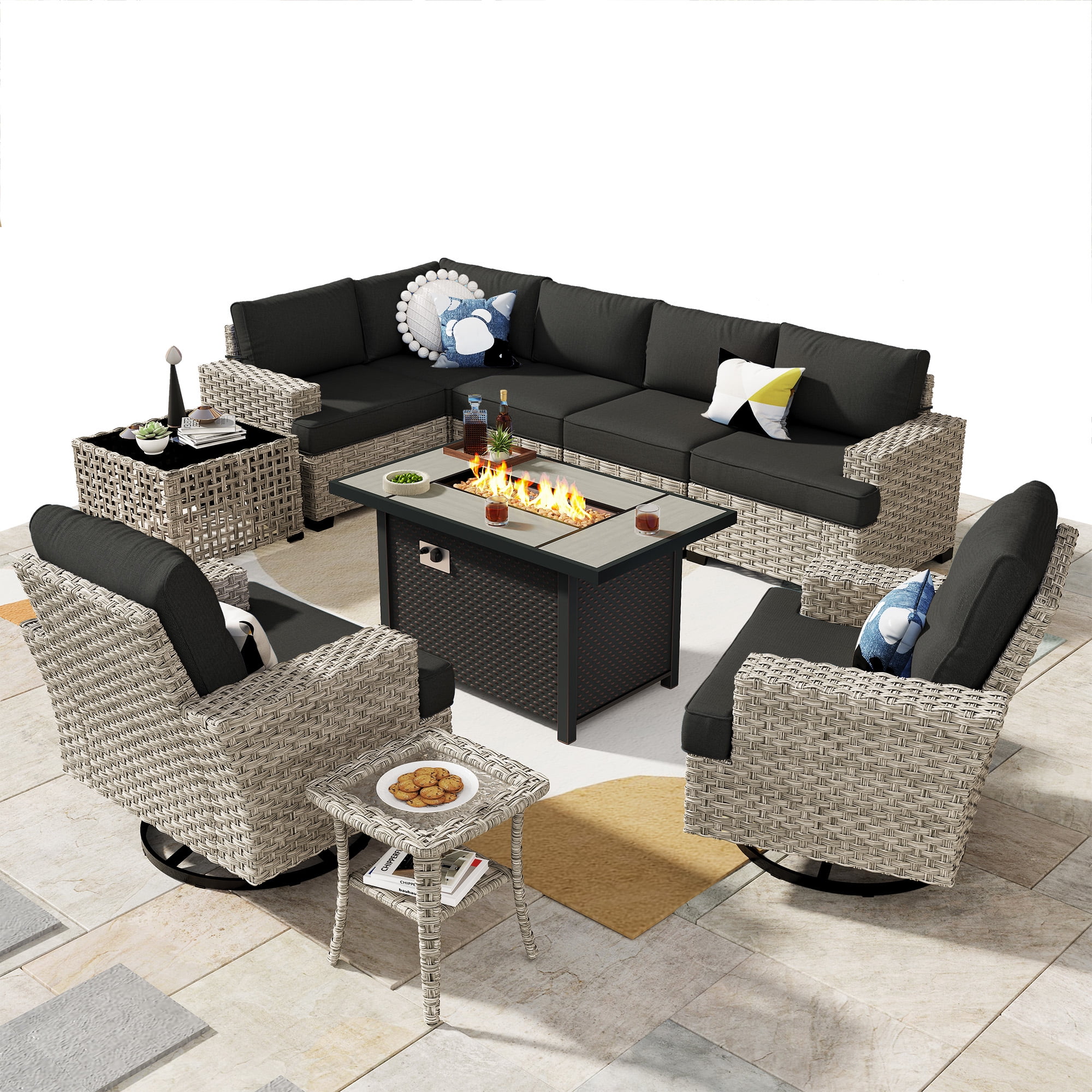 Ovios 10 Pieces Outdoor Patio Furniture Modern High-Back All-Weather Wicker Sectional Conversation Set with Propane Fire Pit Table & Swivel Chair, Dark Gray