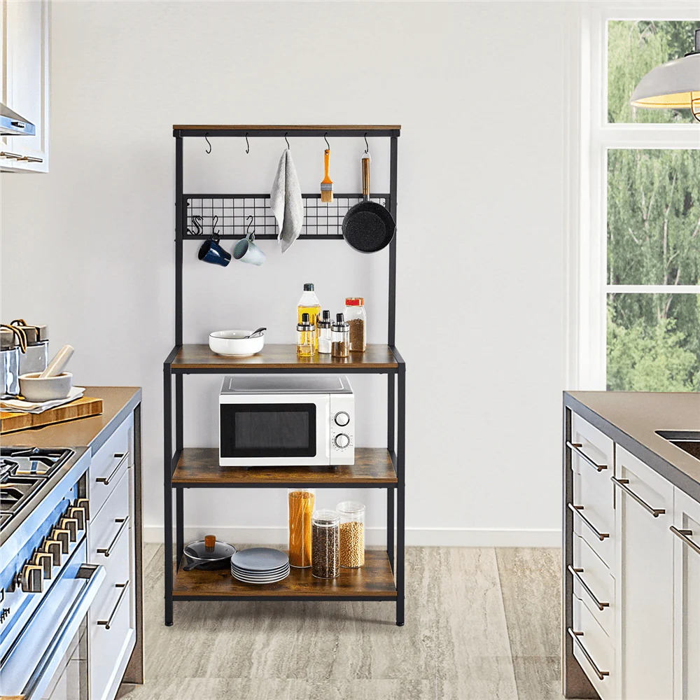 Yaheetech Adjustable Feet Microwave Stand 67''H Baker's Rack For Kitchen Rustic Utility Storage Shelf Unit With 4 Storage Shelves & 10 Hooks Rustic Brown
