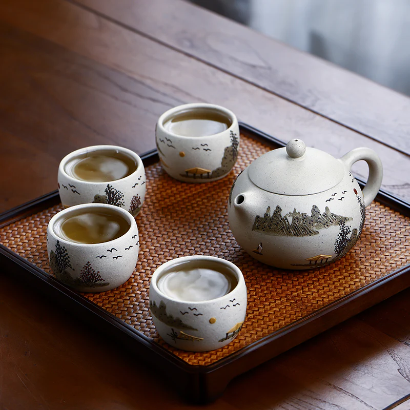 Bai Yu Duan Clay Yixing Teapot Set - Yixing Teapot with Landscape Art 240ML + 4 Teacups
