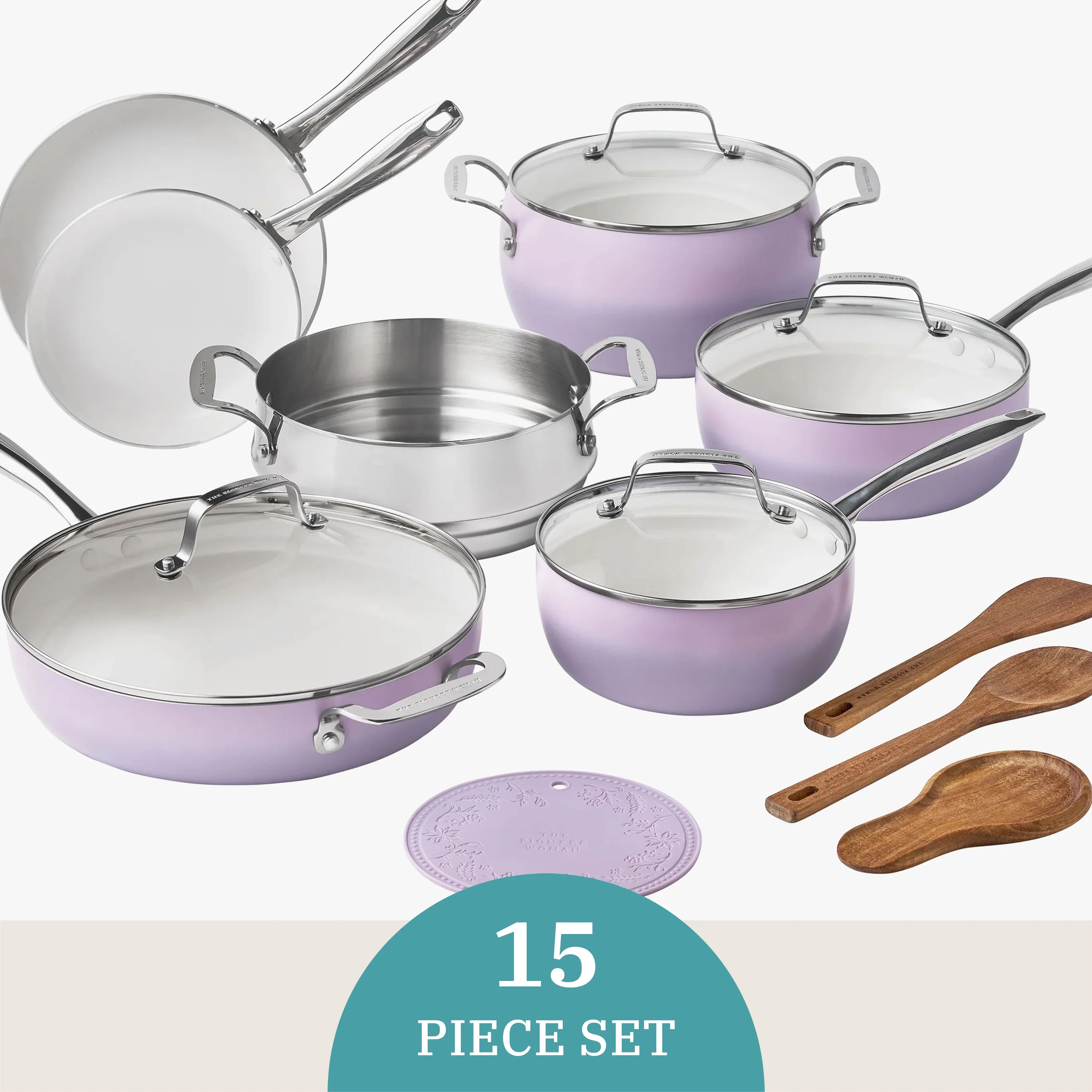 The Pioneer Woman Harlow 15-Piece Cookware Set, Ceramic Non-Stick Pots and Pans Set, Taupe