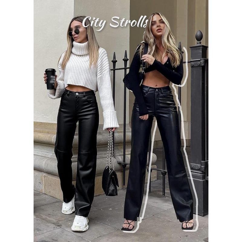 Women Faux Leather Pants PU High Waist Straight