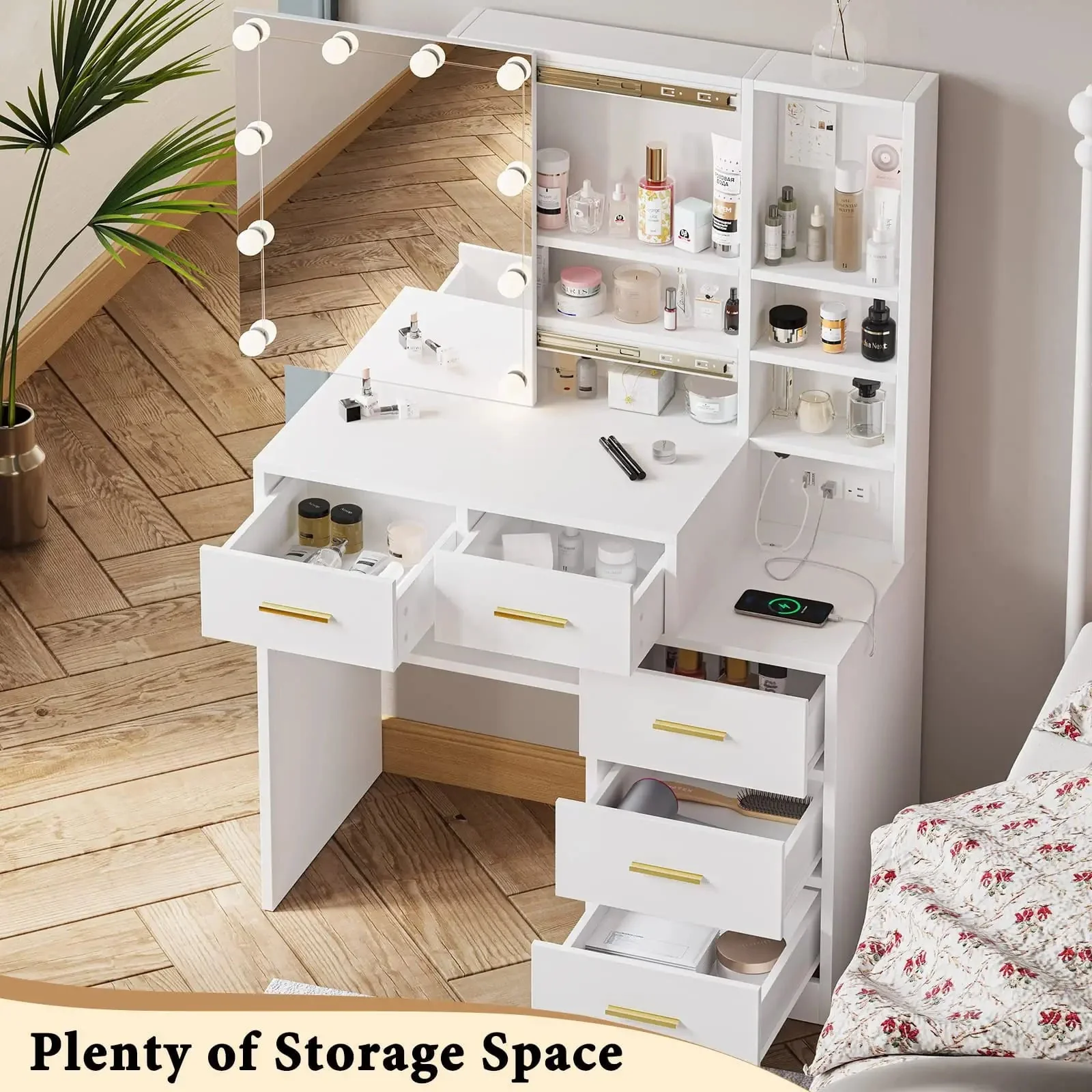 White Vanity Set Desk Table with 10 LED Lights & Charging Station & Sliding Mirror, Modern Makeup Vanity Desk Dressing Table with 5 Drawers for Bedroom, 10 LED Light Bulbs