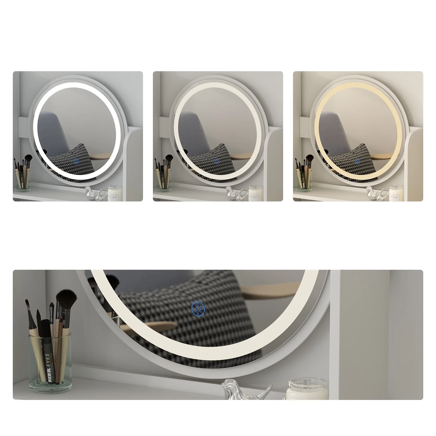 MONSLIPA Makeup Vanity Desk Set w/ Light, Sturdy Dressing Vanity Table with Bench, Shelves & Drawers