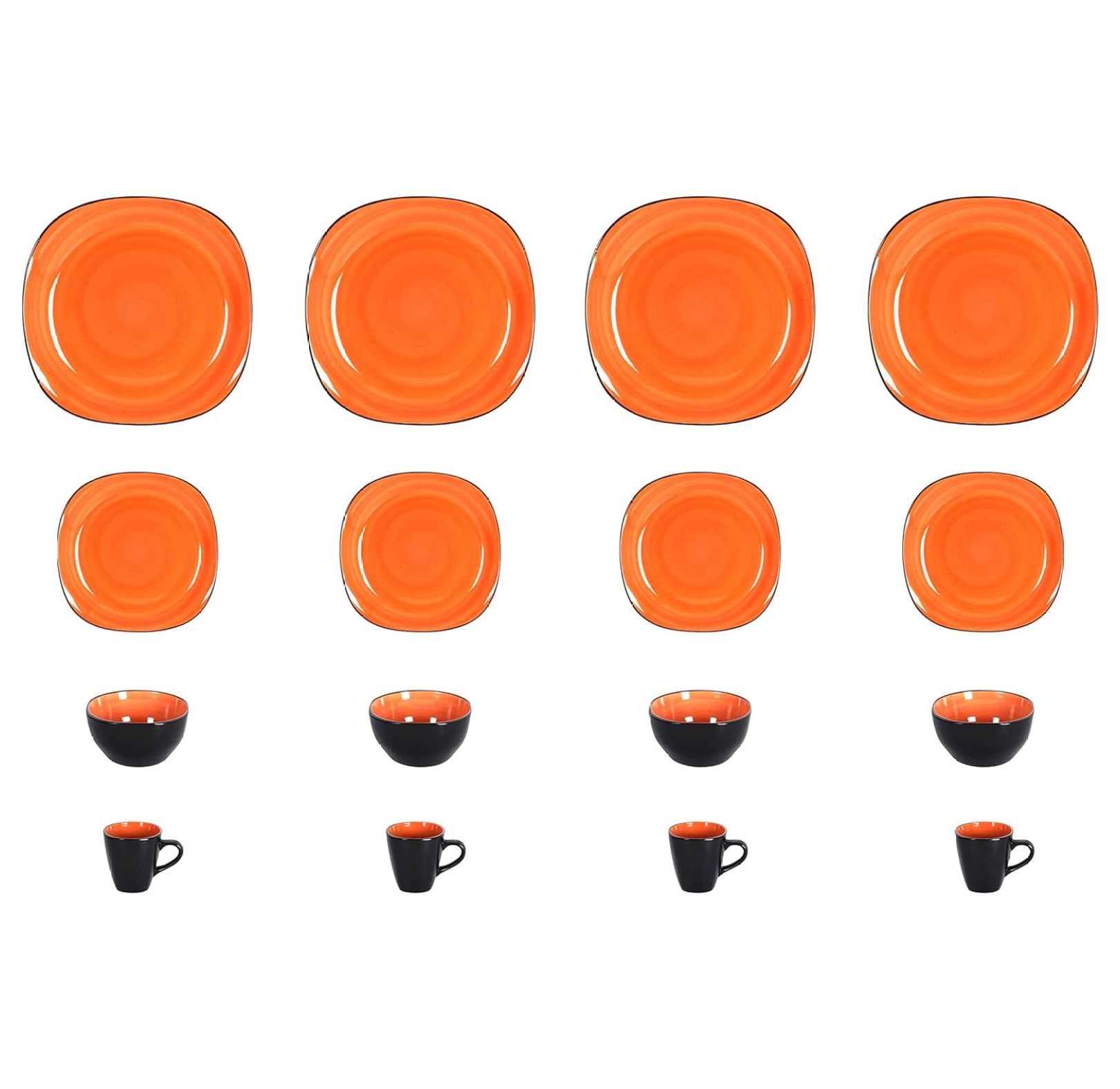Stoneware Square 16pc Dinnerware Set, Inside Spinwash Swirl Orange + Outside Black