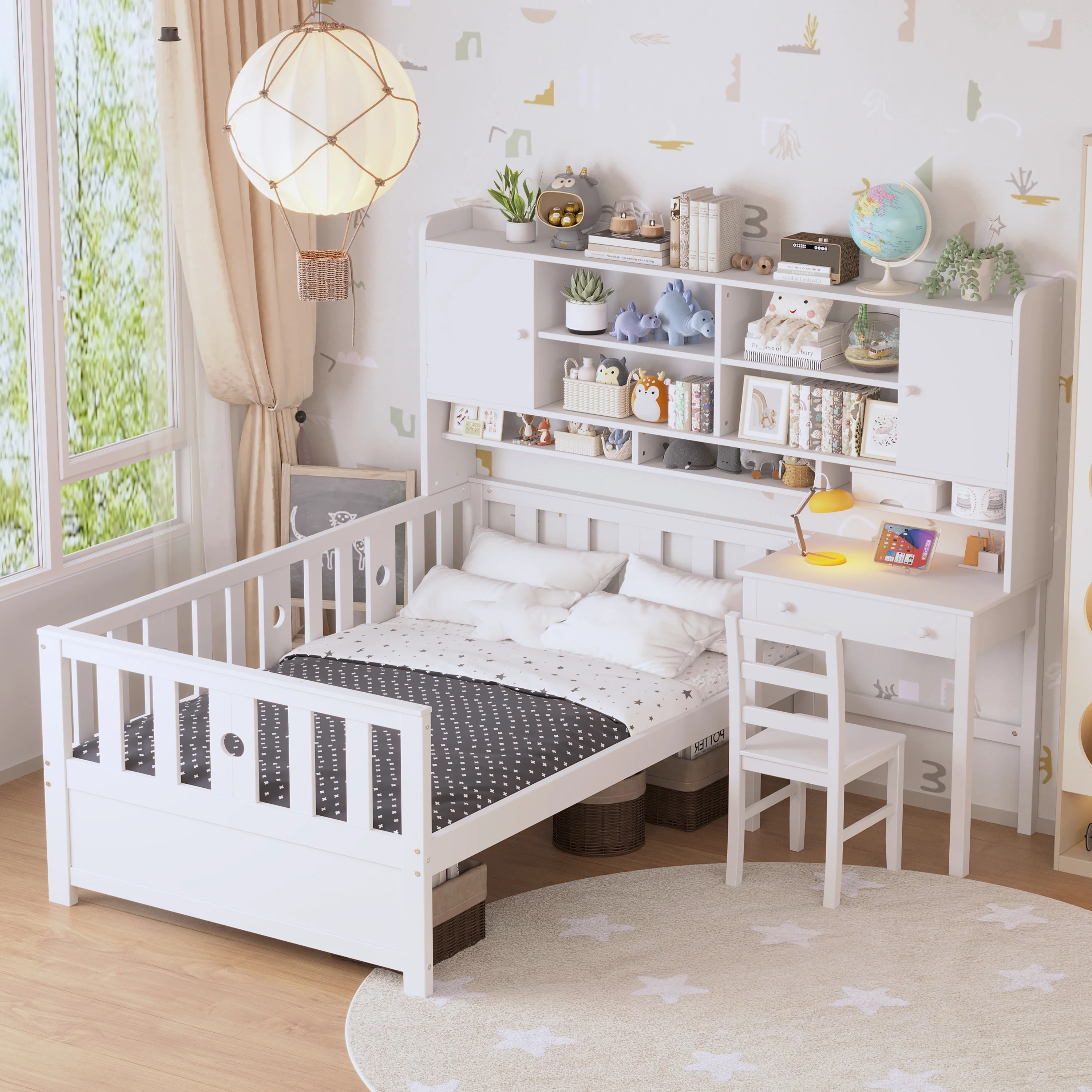 Euroco Wood Twin Size Platform Bed with Desk and Shelves, Table and Chair Set for Kids, Natural