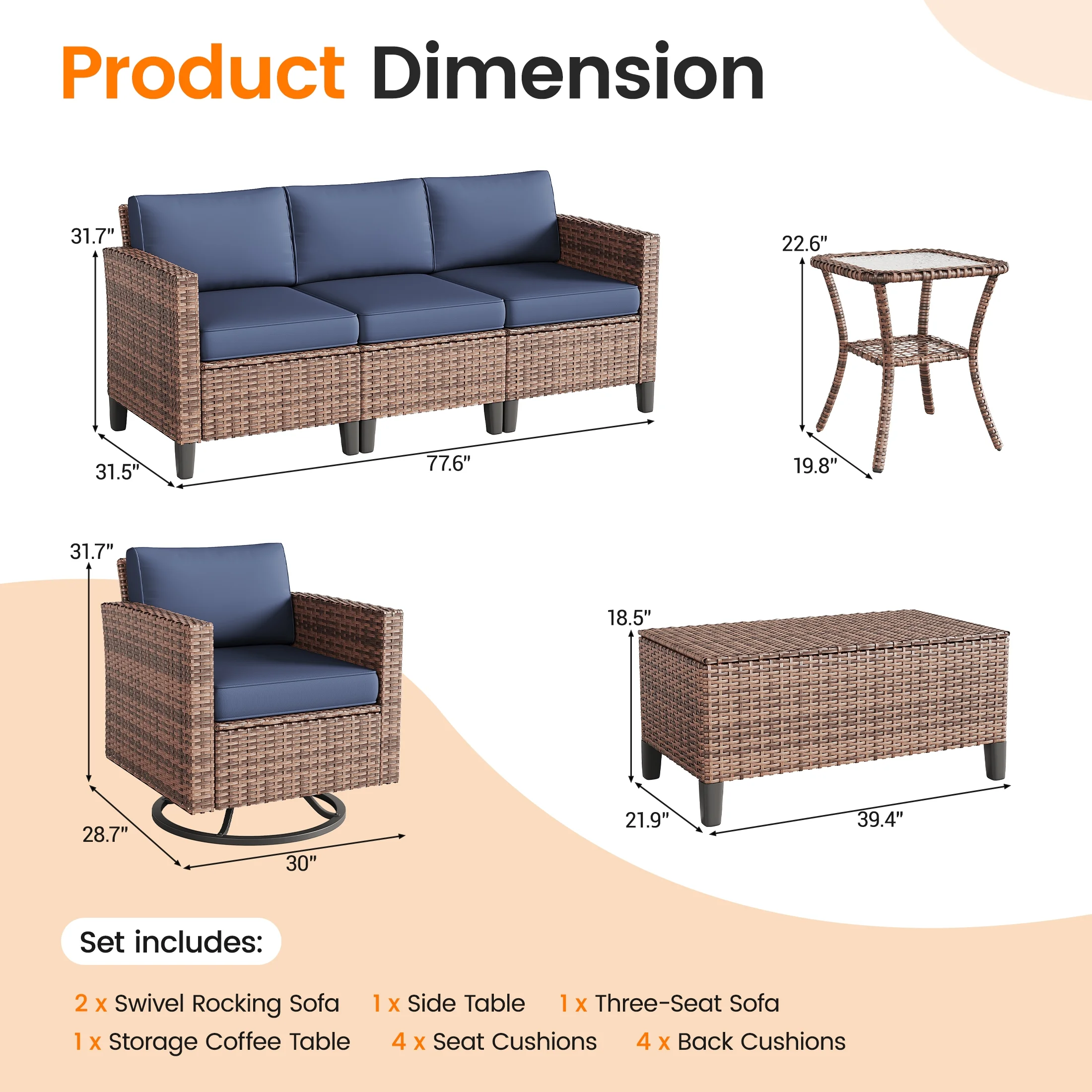 Poteban Outdoor Patio Furniture Set, Rocking Swivel Chair, 9 Pieces Wicker Rattan Sectional Furniture for Backyard (Grey)