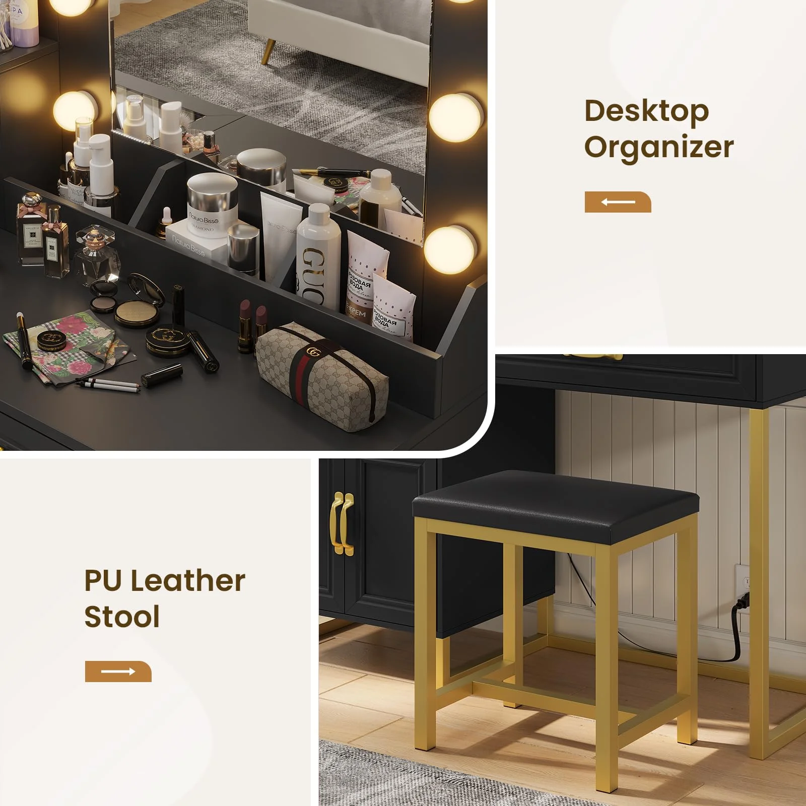 AMUZER Modern Vanity Desk Set with Mirror and Lights & Stool, Makeup Vanity Table with Charging Station, 4 Stoarge Drawers & Double-Door Cabinet, White