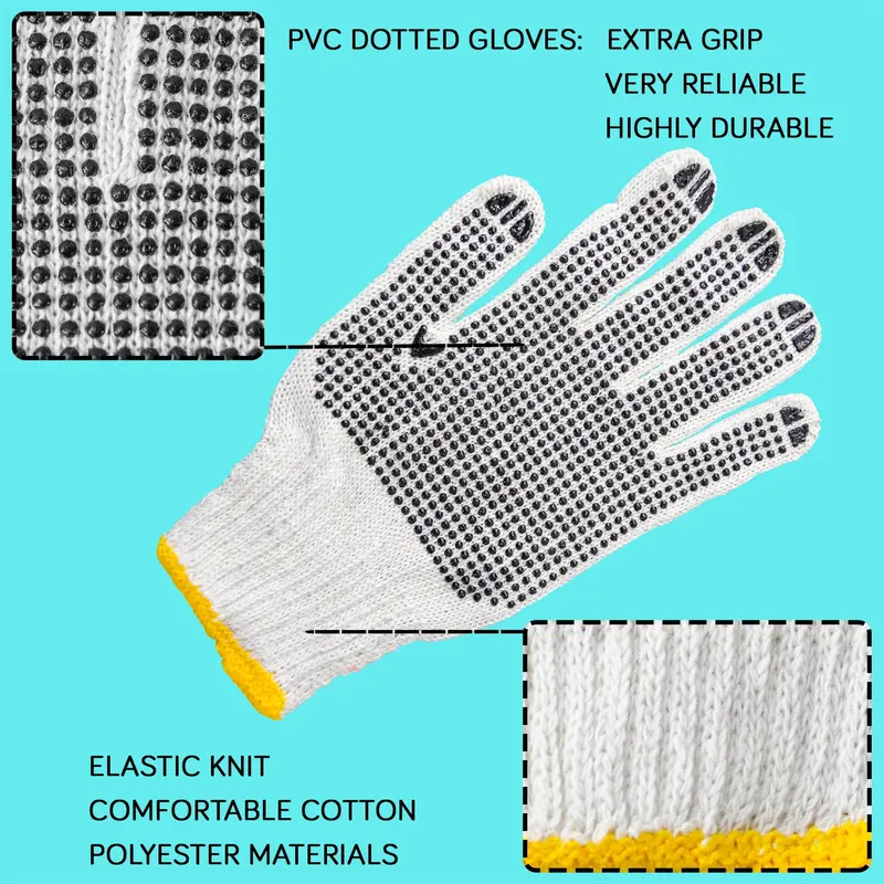 [12 Pairs] Black White Work Gloves - Dotted Safety Working Gloves. Firm Grip. Slip Resistant. Heavy Duty Cotton Knit for Men Women. Utility. Construction. Gardening. Fishing. Winter Indoor Outdoor Use