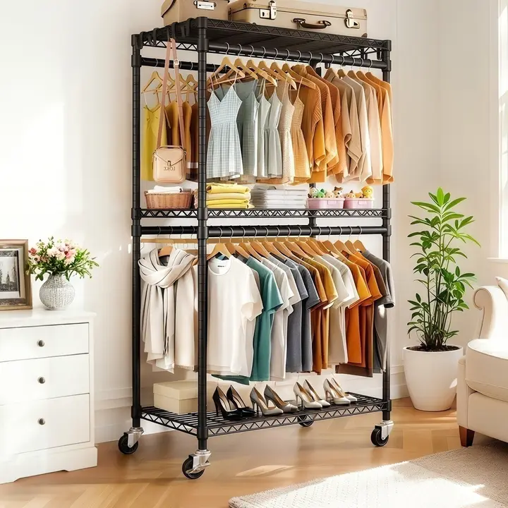 Black Heavy Duty Rolling Clothes Rack with Shelves & Hooks
