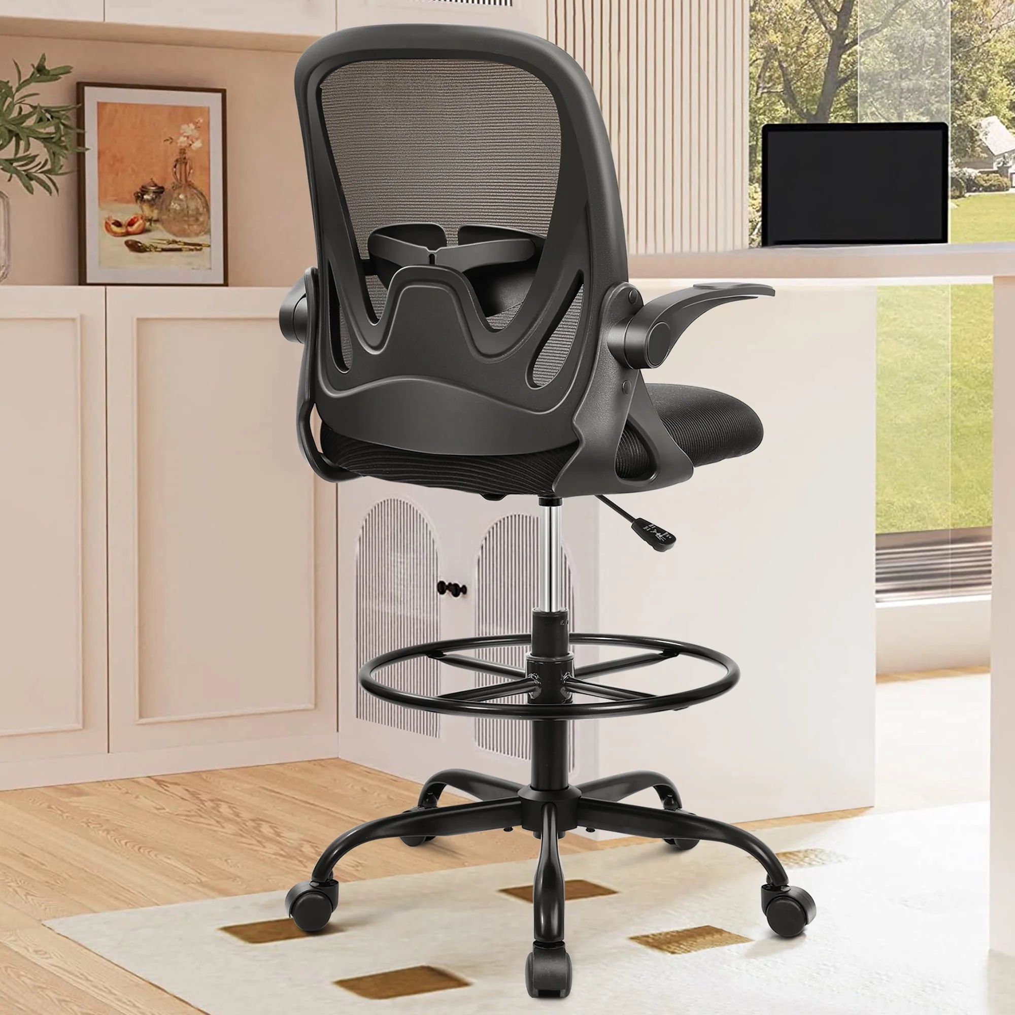 Coolhut Drafting Chair Tall Office Chair with Flip-up Armrests Executive Ergonomic Computer Standing Desk Chair with Lumbar Support and Adjustable Footrest Ring (Black)