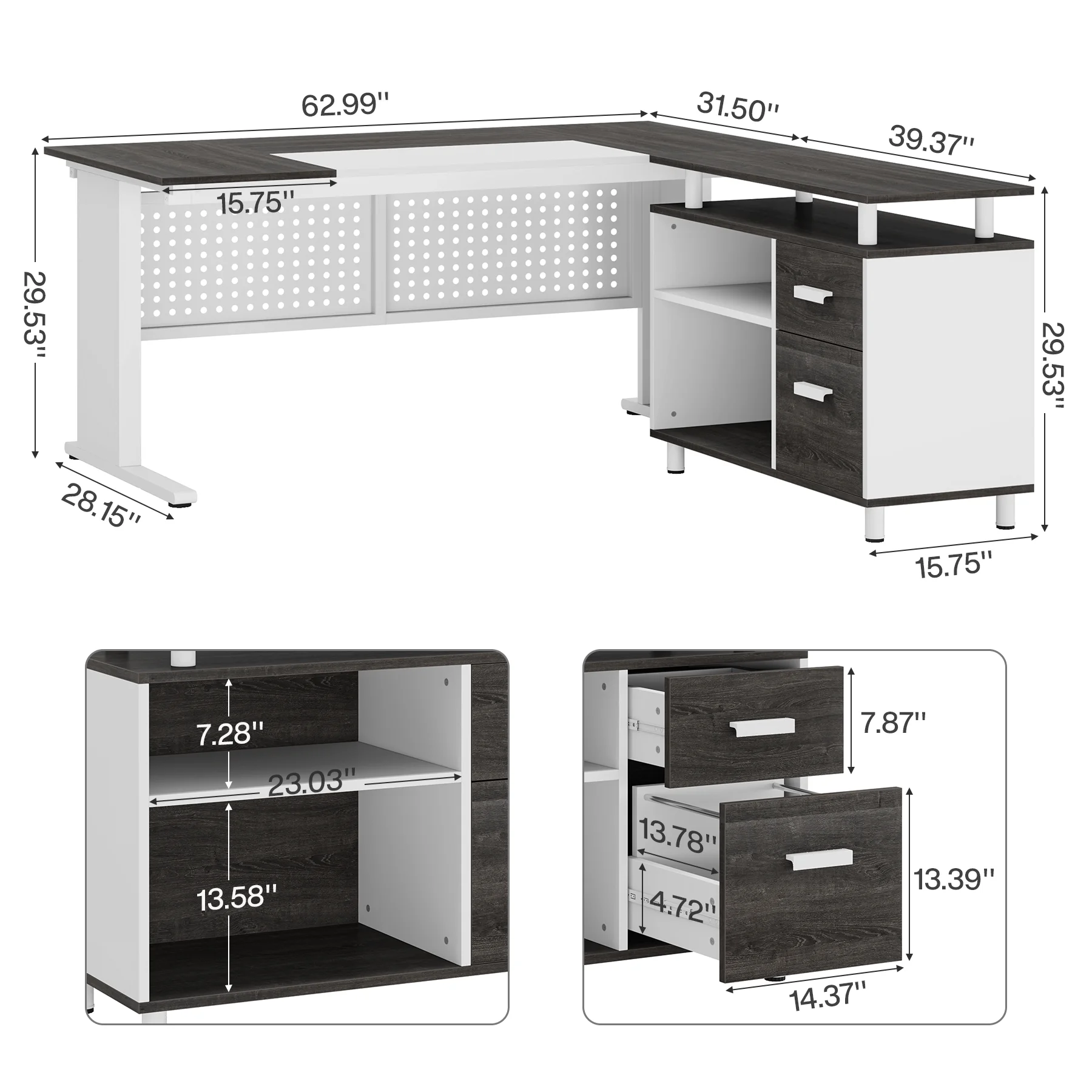 Tribesigns 63 Inch Executive Desk with File Cabinet, Large Office Desk L Shaped Computer Desk with Drawers and Storage Shelves, Business Furniture Desk Workstation for Home Office, Brown and Black