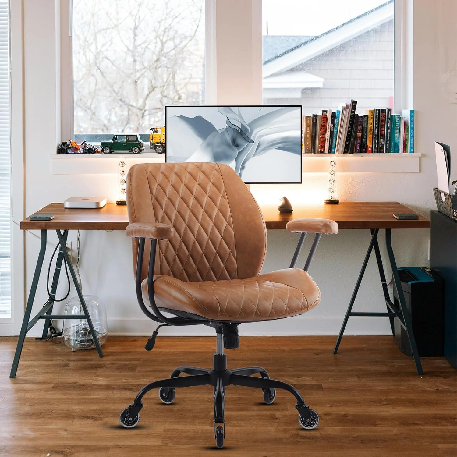 QW Home Office Desk Chair Office Rubber Casters Ergonomic Computer Chair with Lumbar Support Adjustable Height Rolling Swivel Executive Task Armrests Chair??? Brown Leather