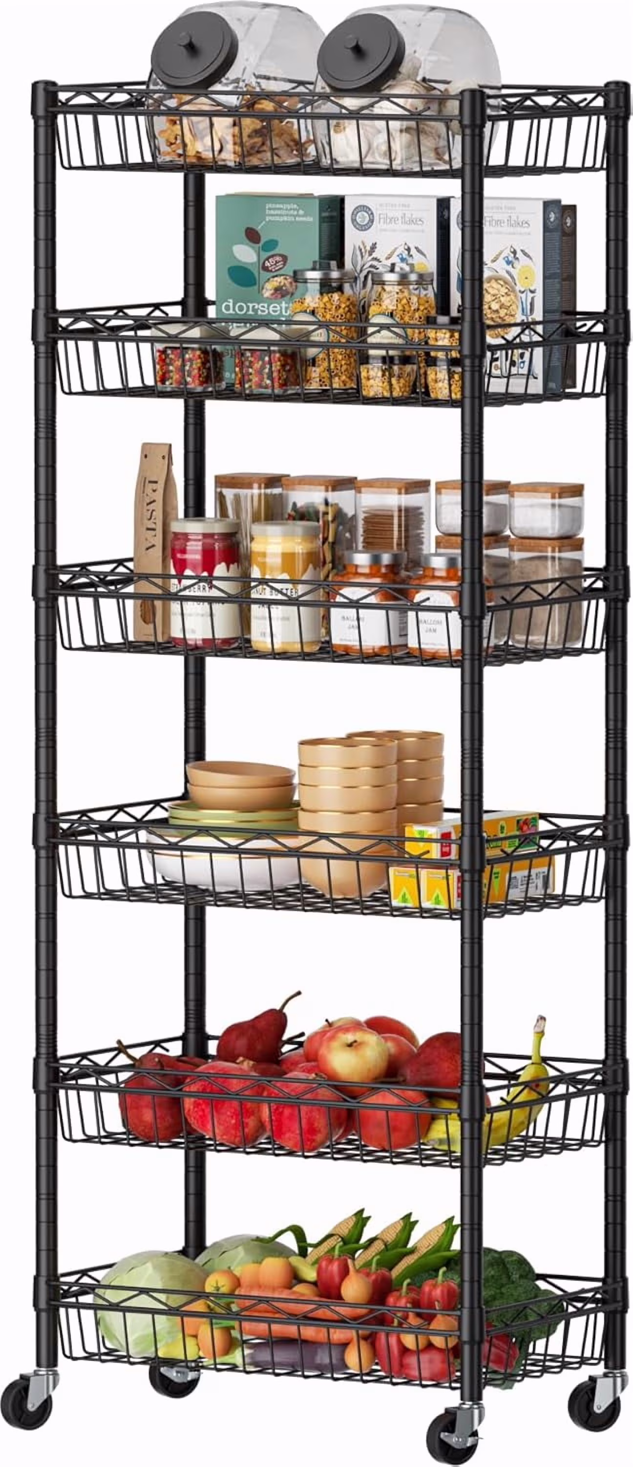 6 Tier Wire Shelving Unit with Wheels Baskets Storage Rack Corner Shelves Adjustable Shelf Closet Bathroom Organizers Metal Pantry Kitchen Garage Laundry Room 13.5