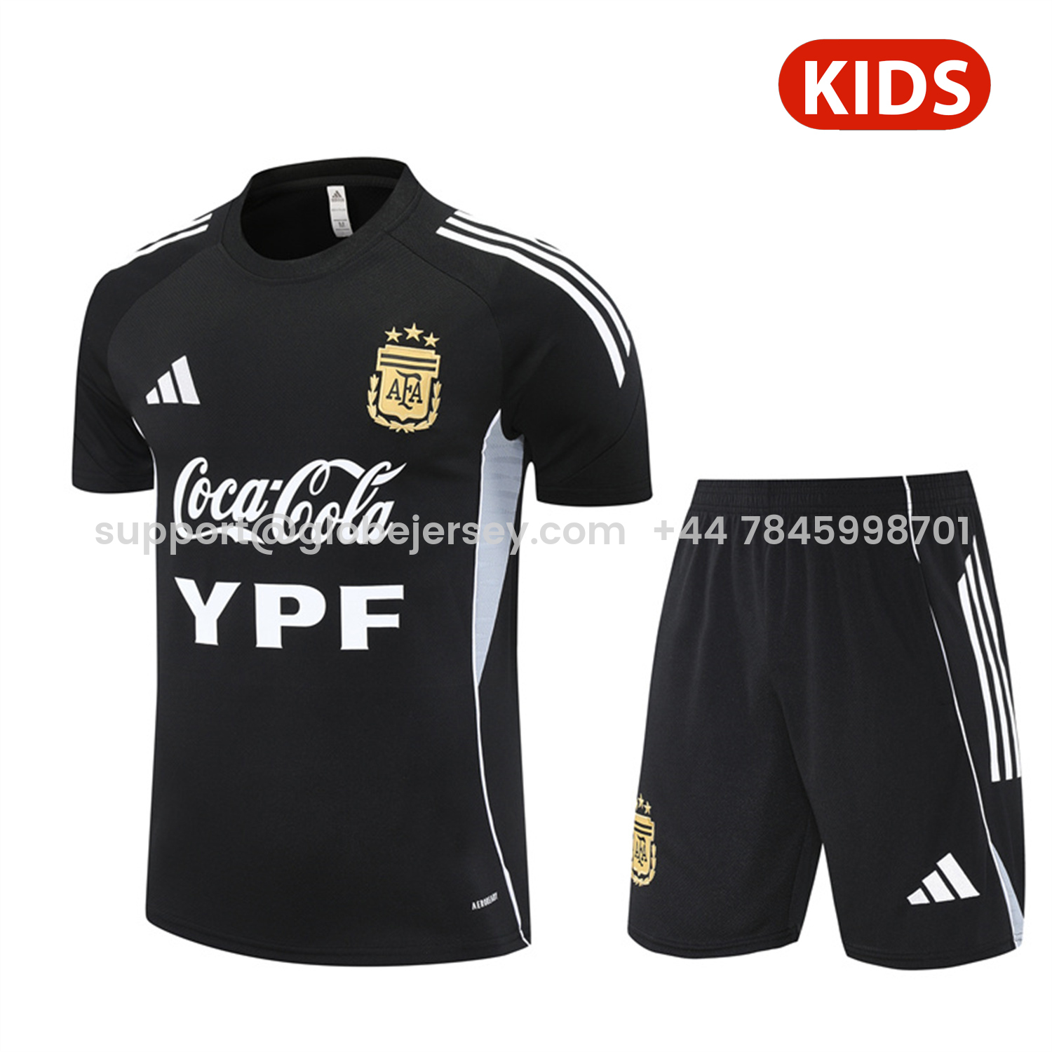 Argentina 25-26 Kids Pre-Match Short-Sleeve Training Set - Black Top & Shorts