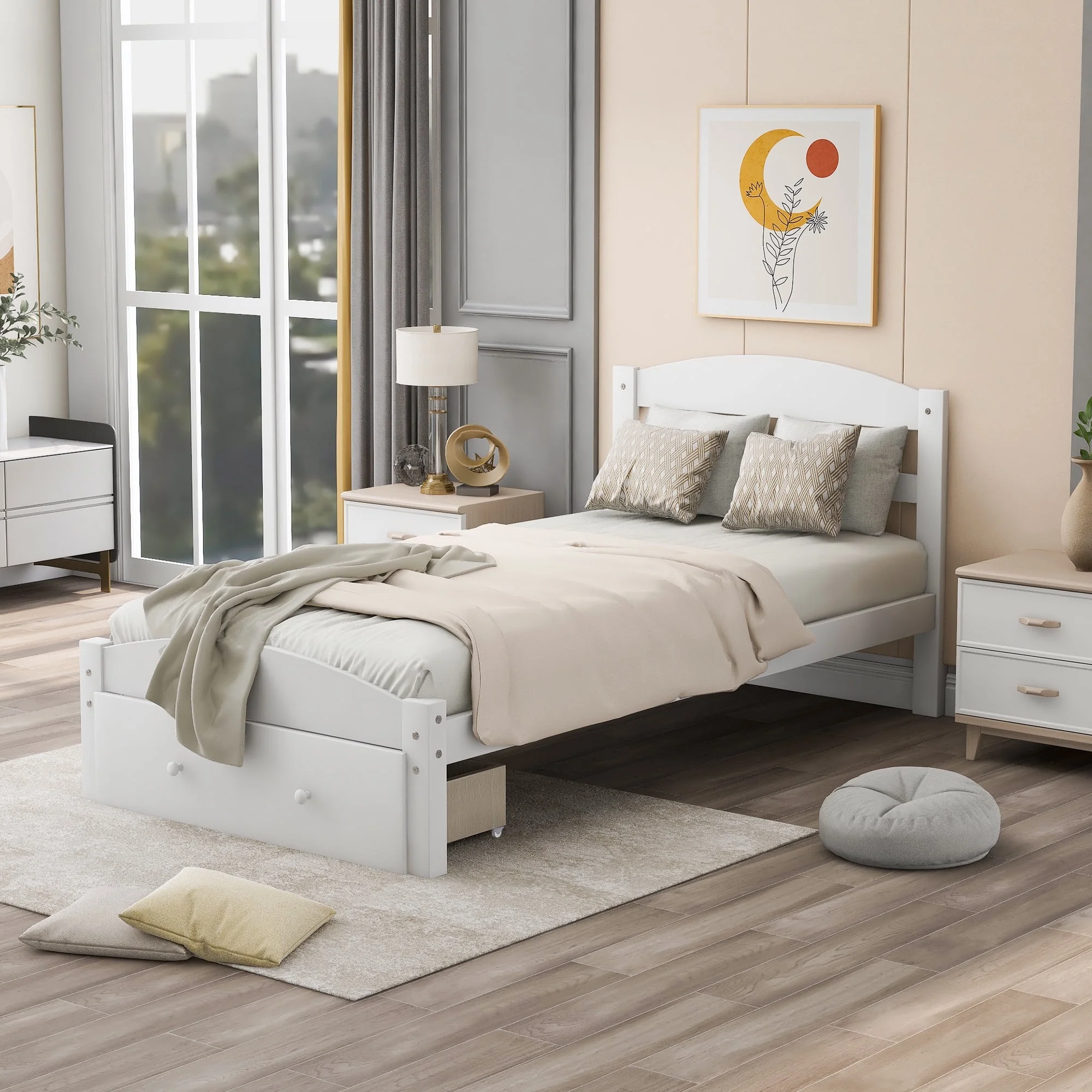 Twin Bed Frame with Storage Drawer, UHOMEPRO Solid Pine Wood Bed Frame with Headboard and Footboard, Modern Bed Furniture for Bedroom, Holds 275 lb, No Box Spring Needed, White