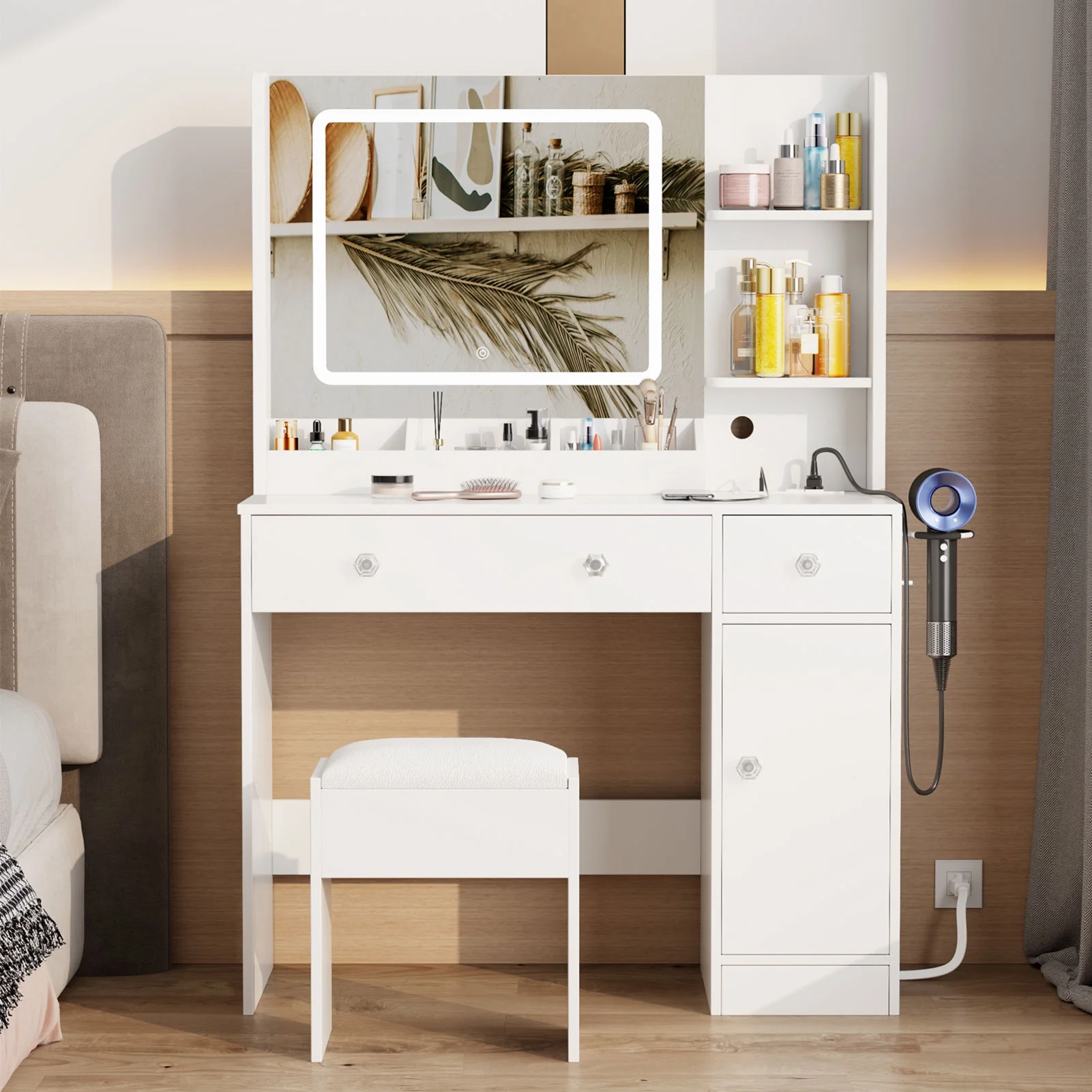 Satifur White Vanity Desk Set with Mirror and Lights, Makeup Table with Charging Station, Comfortable Bench, Big Vanity with 3 Storage Compartments, 39.4in