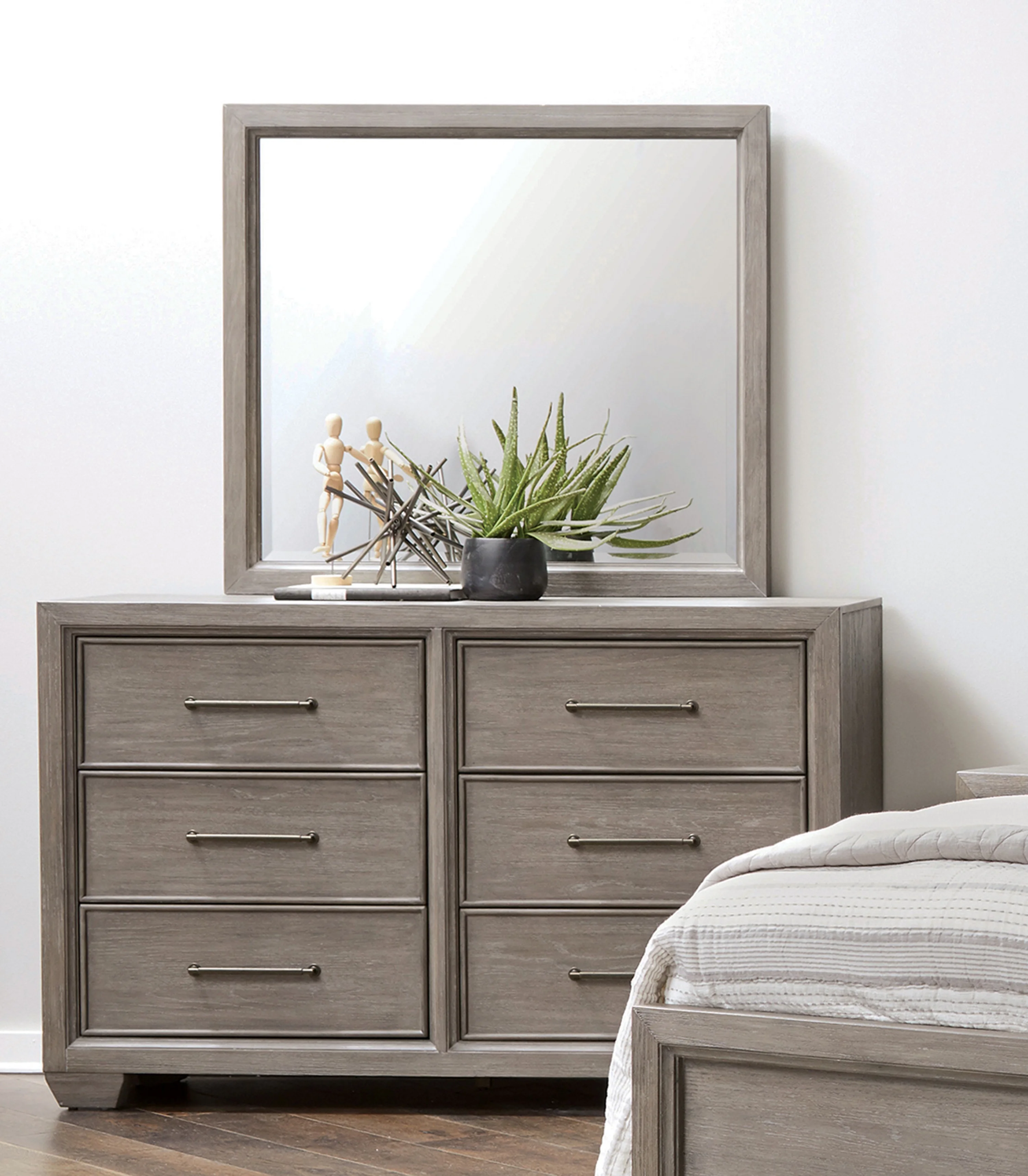 Ennesley Gray Wood Bedroom Set with Upholstered Panel King Bed, Dresser, Mirror, 2 Nightstand, and Chest