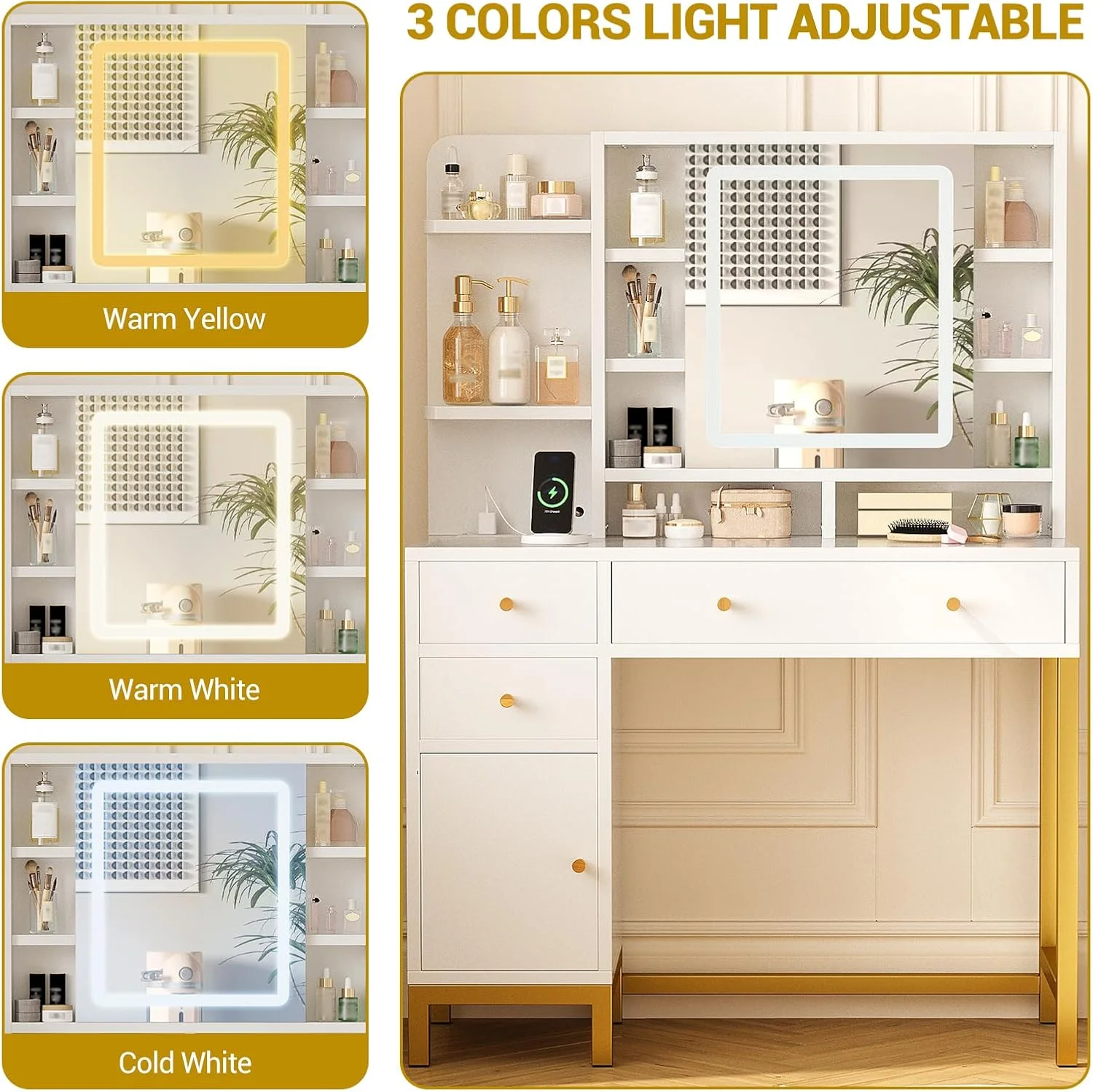 Juiluna Makeup Vanity with Led Lighted Mirror & Power Outlet, 3 Lighting Modes, Brightness Adjustable, Vanity Desk with Acrylic Tabletop & Drawers and Cabinets for Bedroom, White