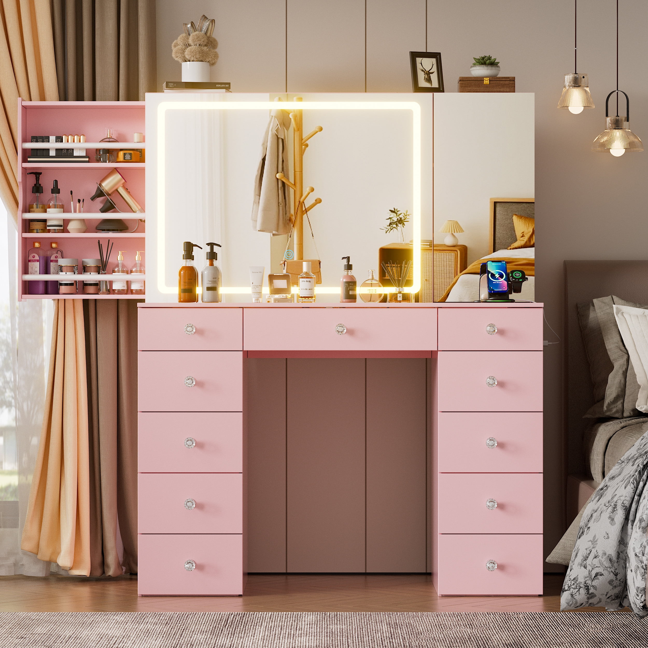 PAKASEPT Makeup Vanity Desk with Mirror and Lights, Vanity Desk with Charging Station, Drawers, Movable Shelves for Makeup, Modern Vanity Table Set with Vanity Stool for Bedroom, White